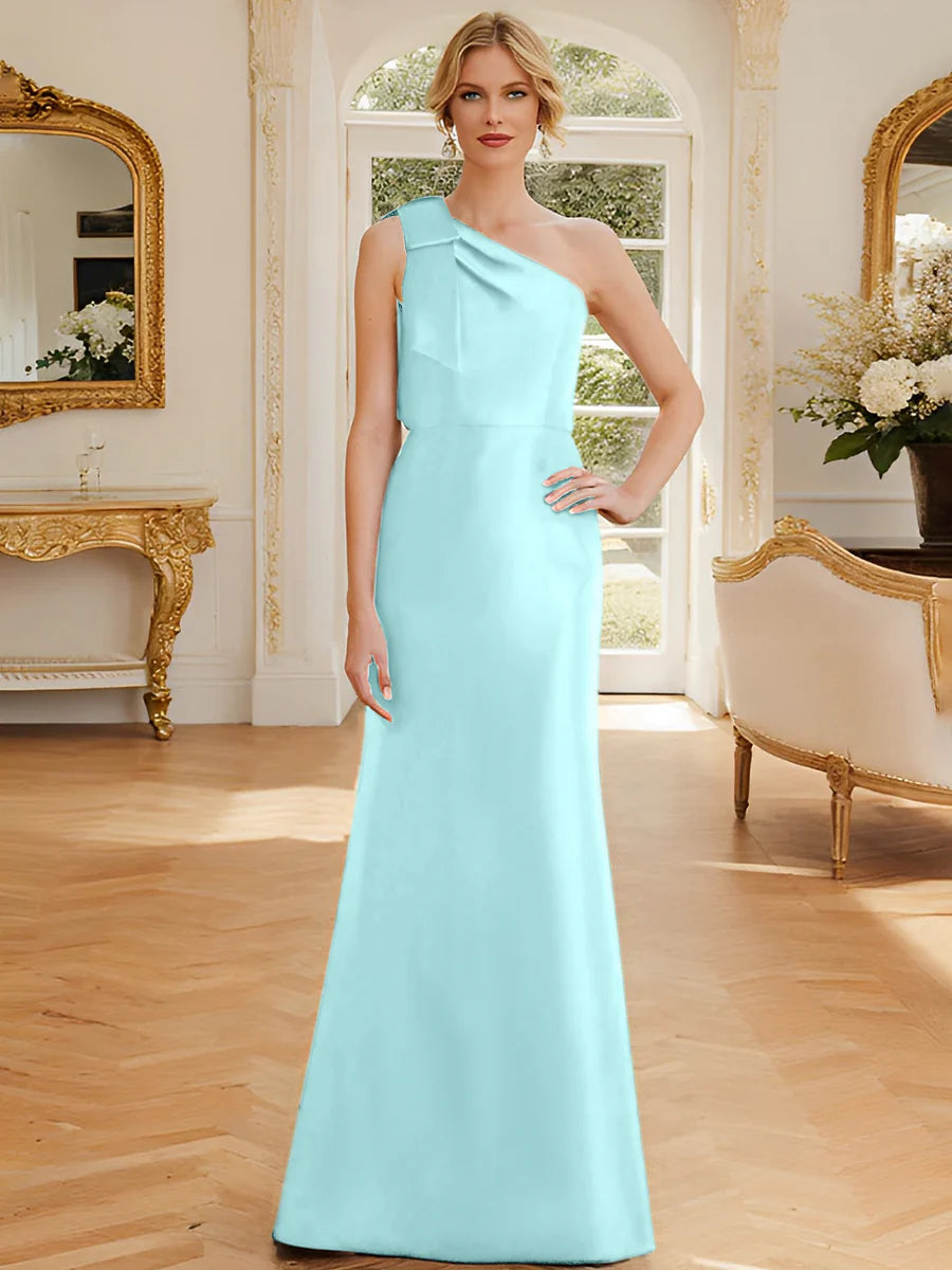 Dusty Blue One Shoulder Satin A-Line Floor-Length Bridesmaid Dress