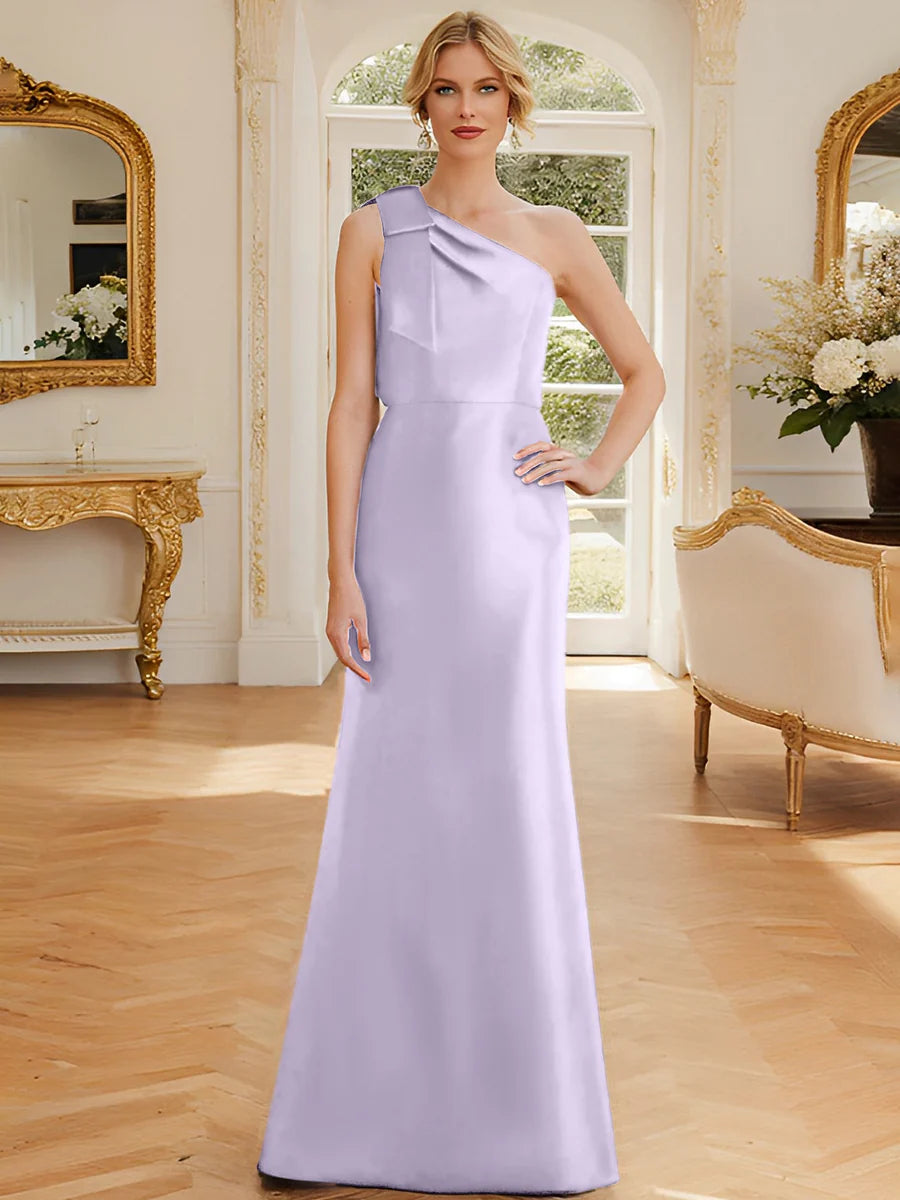 Dusty Blue One Shoulder Satin A-Line Floor-Length Bridesmaid Dress