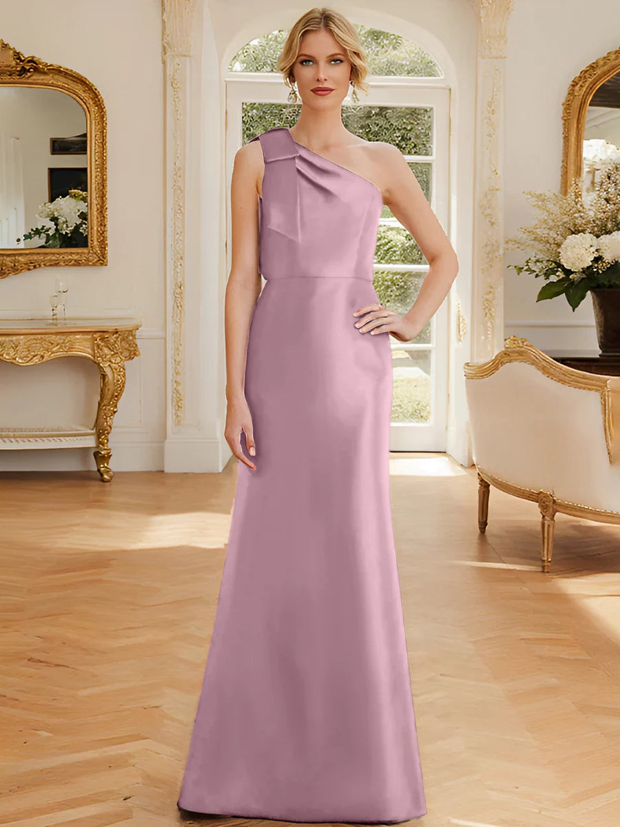 Dusty Blue One Shoulder Satin A-Line Floor-Length Bridesmaid Dress