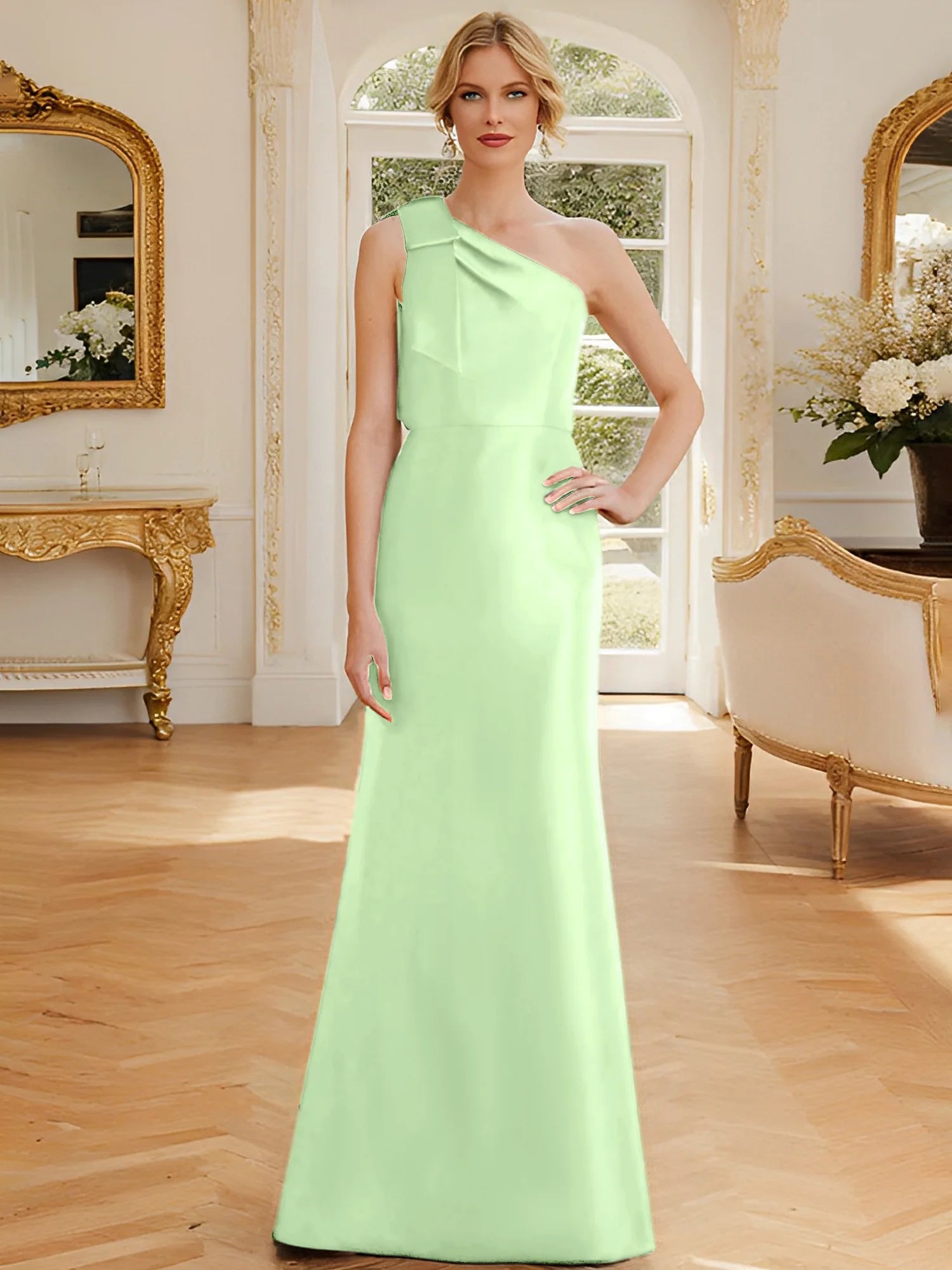 Tight fit/straight leg one shoulder sleeveless satin bow mother of the bride dress