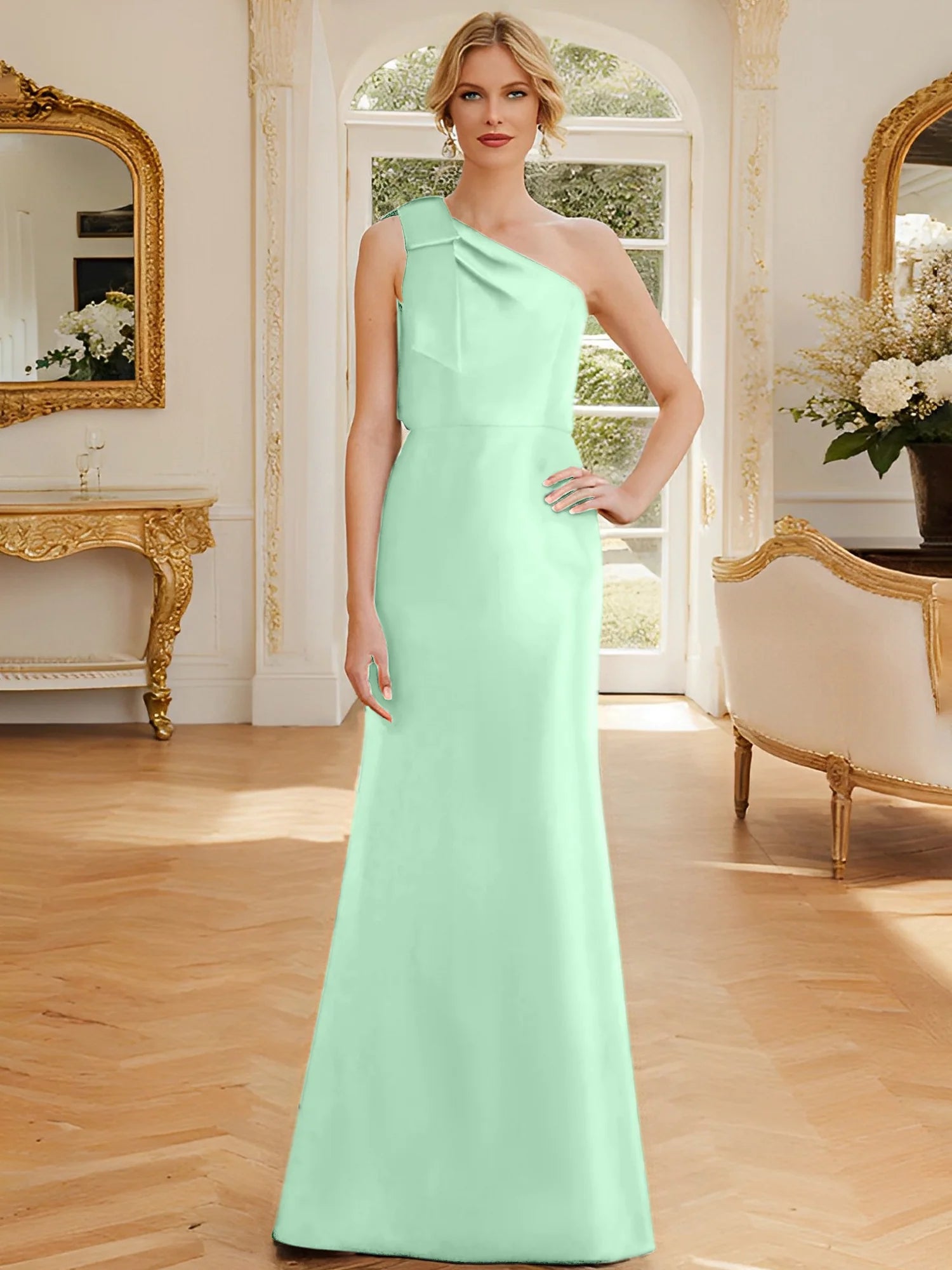 Tight fit/straight leg one shoulder sleeveless satin bow mother of the bride dress