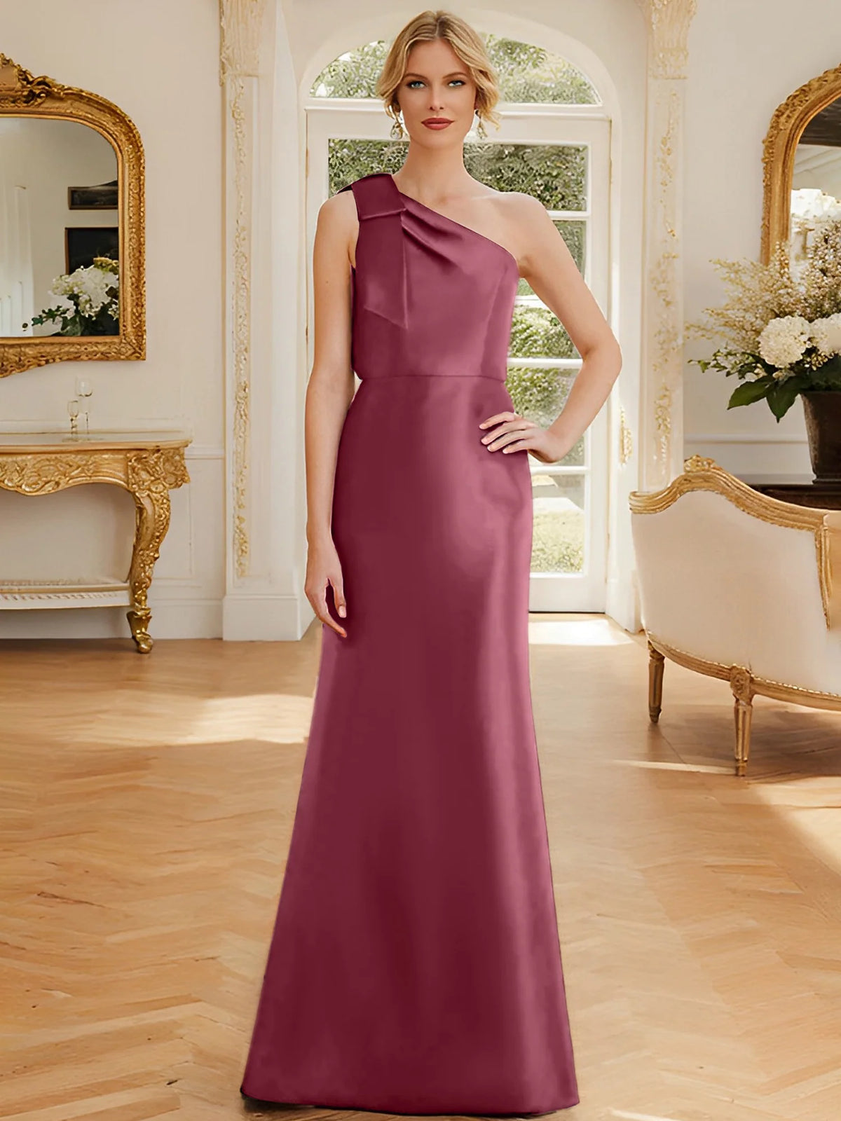 Dusty Blue One Shoulder Satin A-Line Floor-Length Bridesmaid Dress