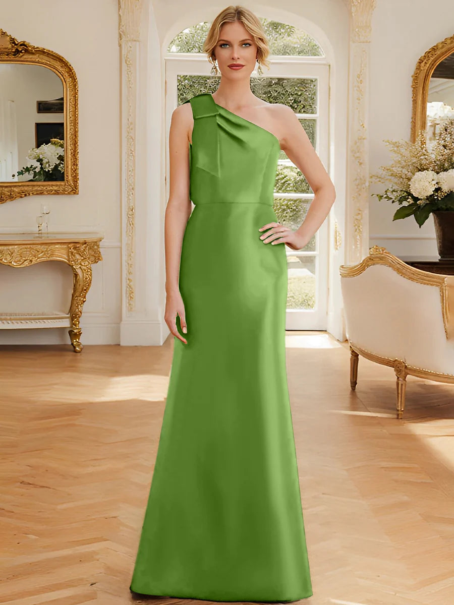 Dusty Blue One Shoulder Satin A-Line Floor-Length Bridesmaid Dress