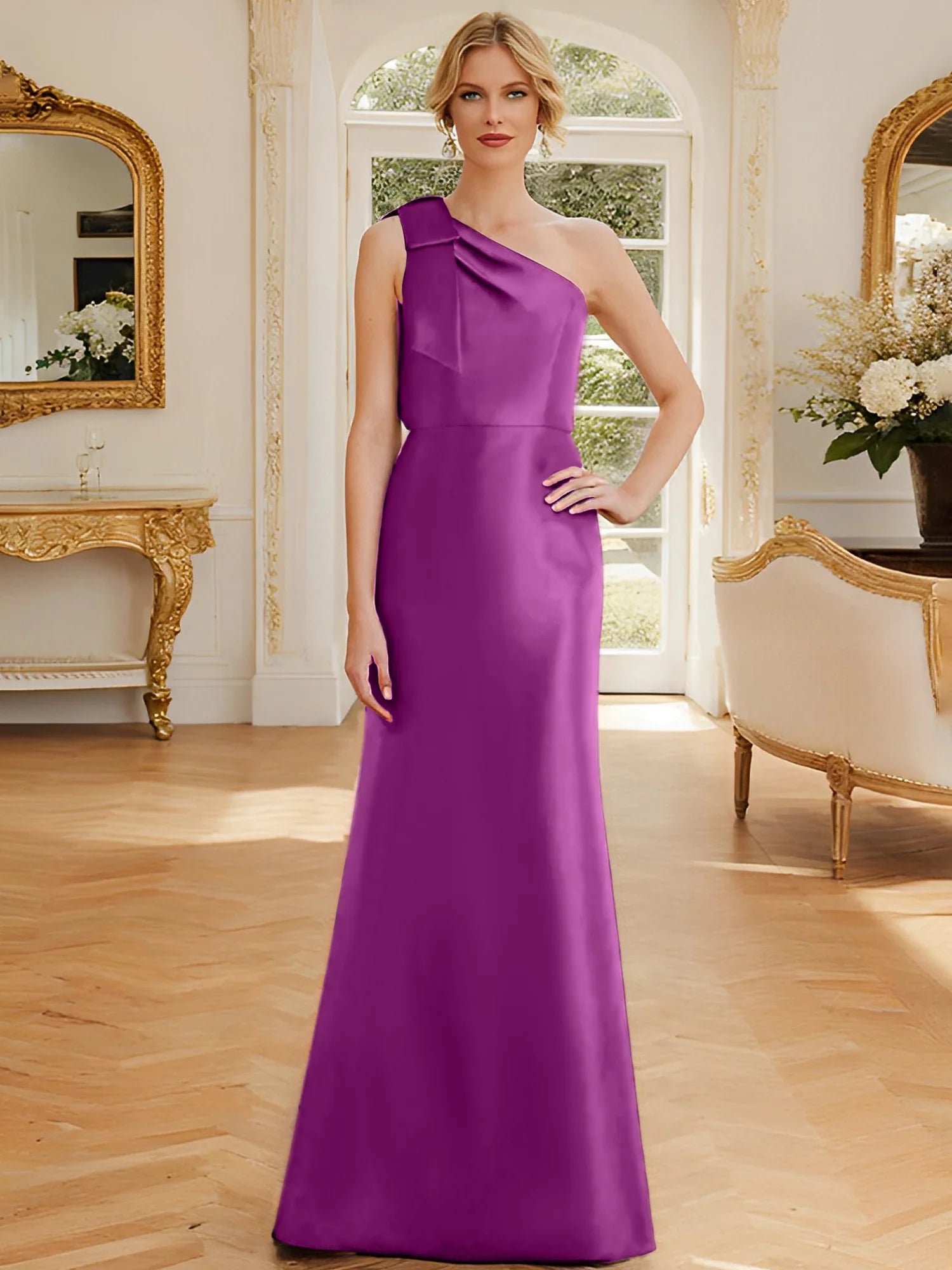 Tight fit/straight leg one shoulder sleeveless satin bow mother of the bride dress
