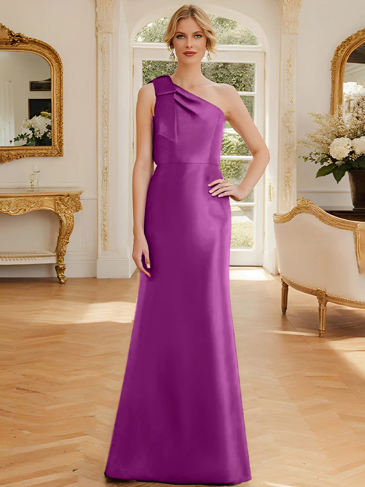 Dusty Blue One Shoulder Satin A-Line Floor-Length Bridesmaid Dress