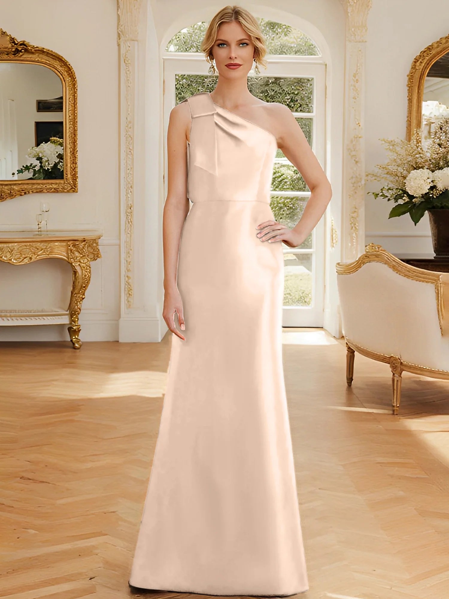 Tight fit/straight leg one shoulder sleeveless satin bow mother of the bride dress