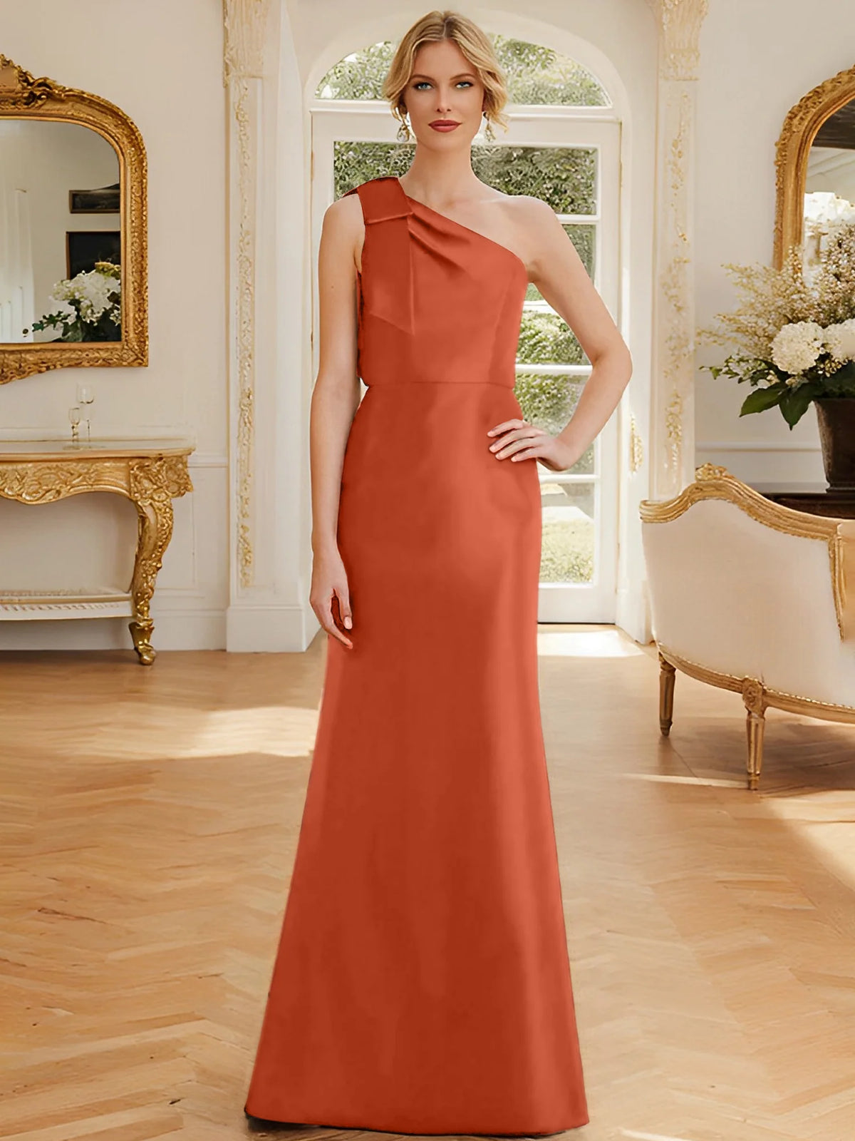 Rust Satin A-Line Floor-Length One Shoulder Dress with Draped Bodice
