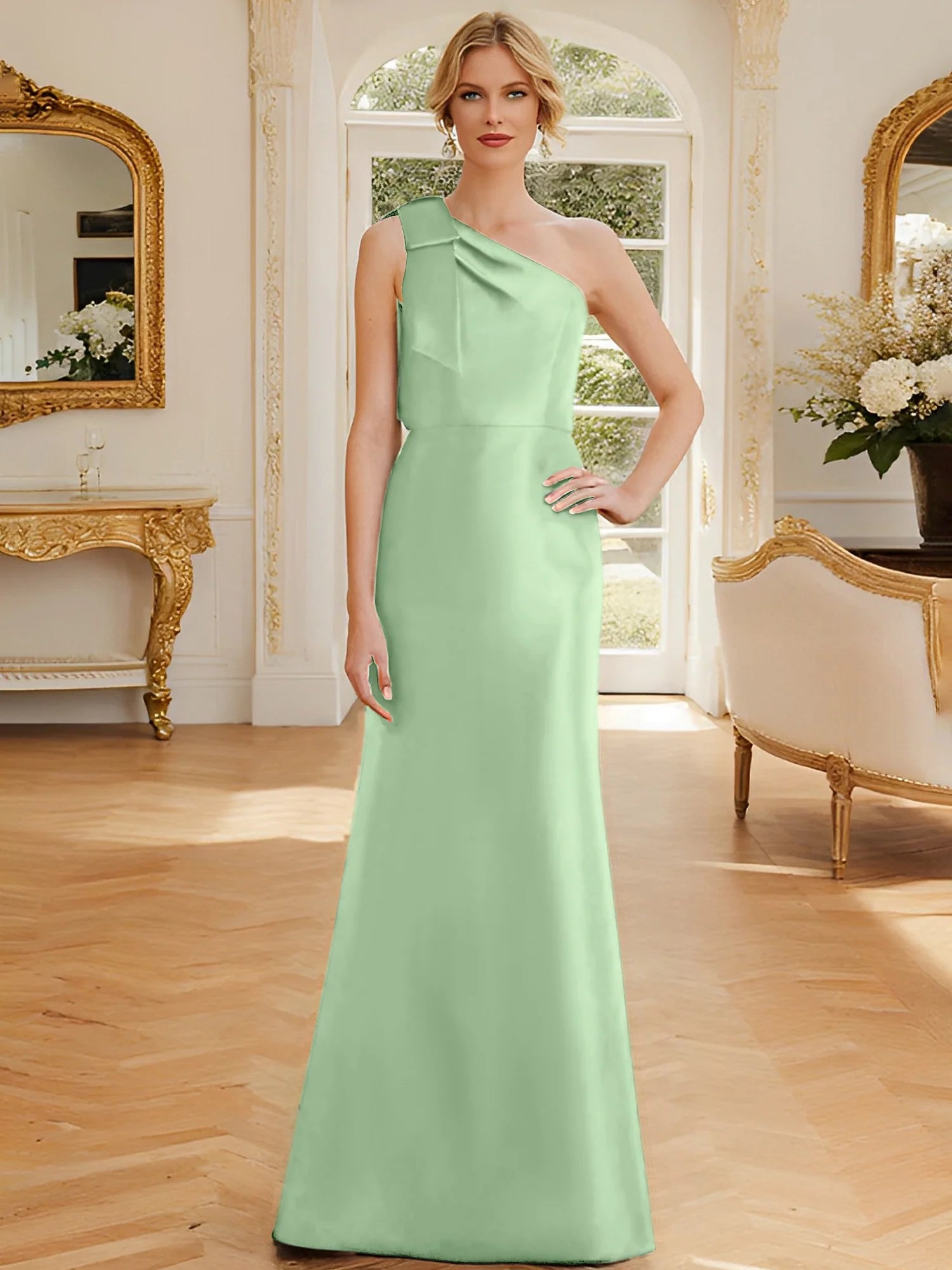 Rust Satin A-Line Floor-Length One Shoulder Dress with Draped Bodice