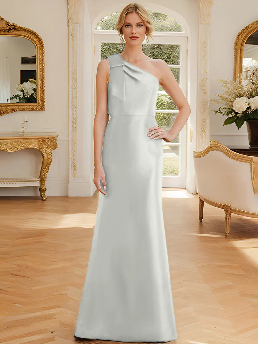 Rust Satin A-Line Floor-Length One Shoulder Dress with Draped Bodice