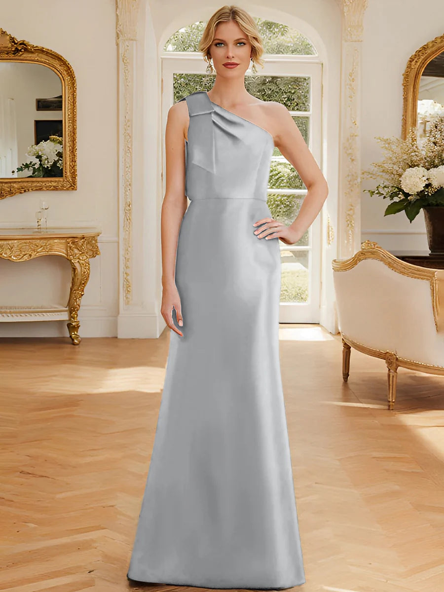 Rust Satin A-Line Floor-Length One Shoulder Dress with Draped Bodice