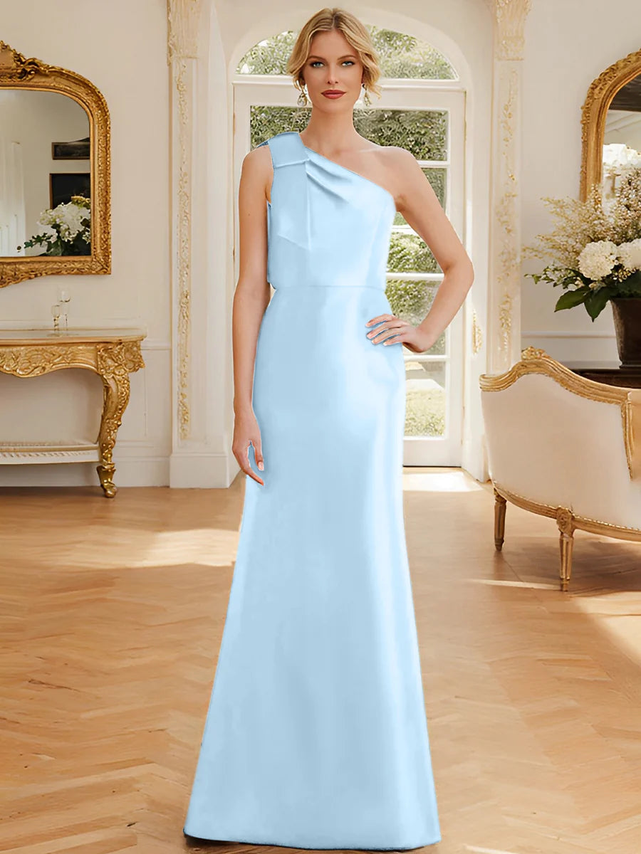 Rust Satin A-Line Floor-Length One Shoulder Dress with Draped Bodice