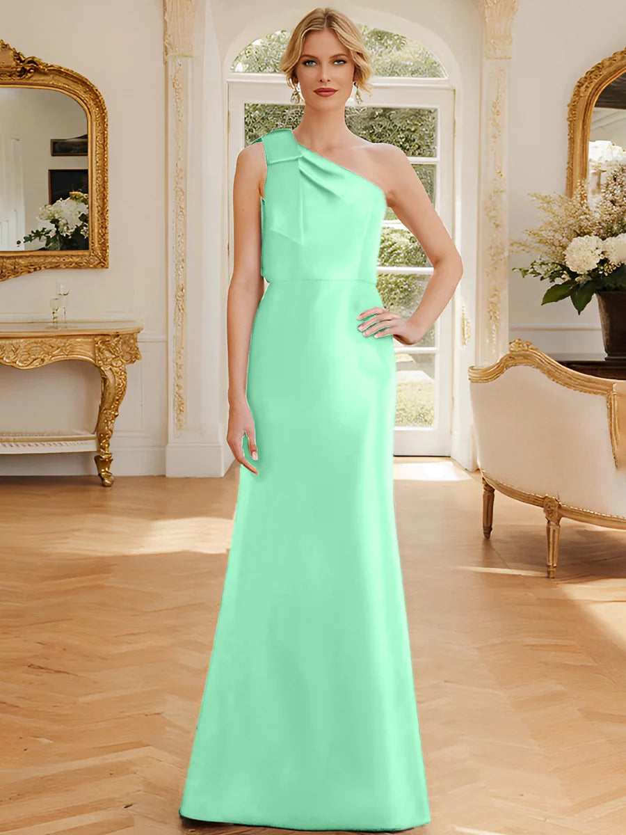 Rust Satin A-Line Floor-Length One Shoulder Dress with Draped Bodice