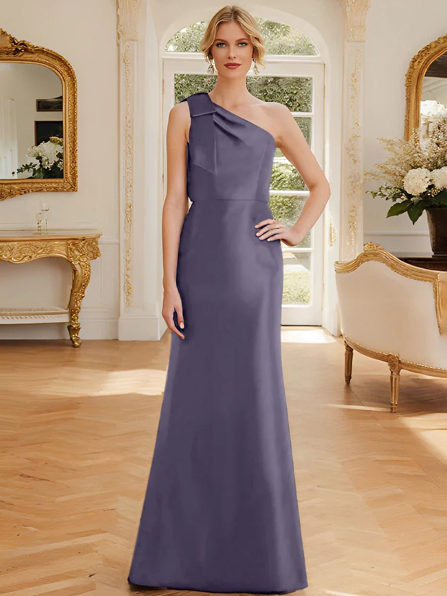 Rust Satin A-Line Floor-Length One Shoulder Dress with Draped Bodice