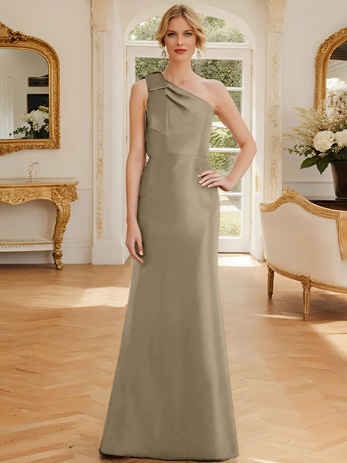 Rust Satin A-Line Floor-Length One Shoulder Dress with Draped Bodice