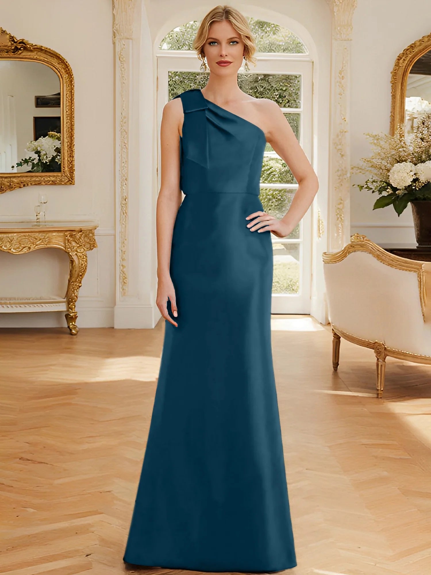 Rust Satin A-Line Floor-Length One Shoulder Dress with Draped Bodice