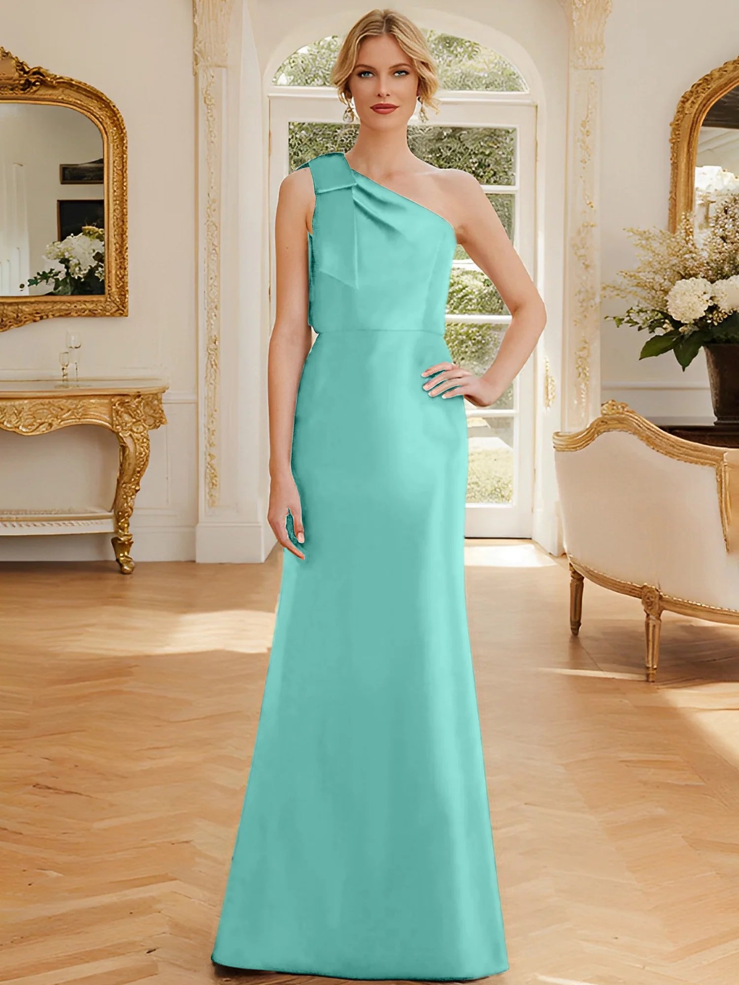 Rust Satin A-Line Floor-Length One Shoulder Dress with Draped Bodice