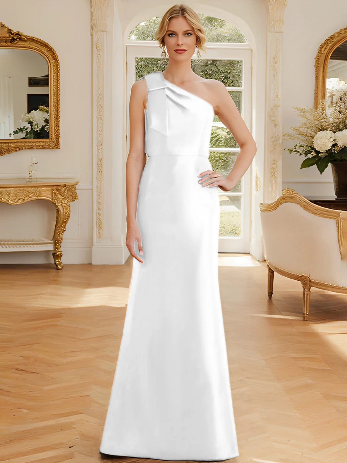 Rust Satin A-Line Floor-Length One Shoulder Dress with Draped Bodice