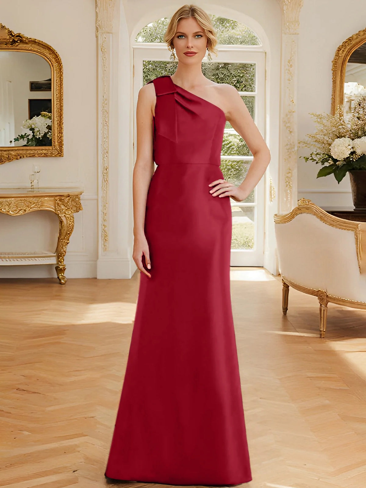 Rust Satin A-Line Floor-Length One Shoulder Dress with Draped Bodice