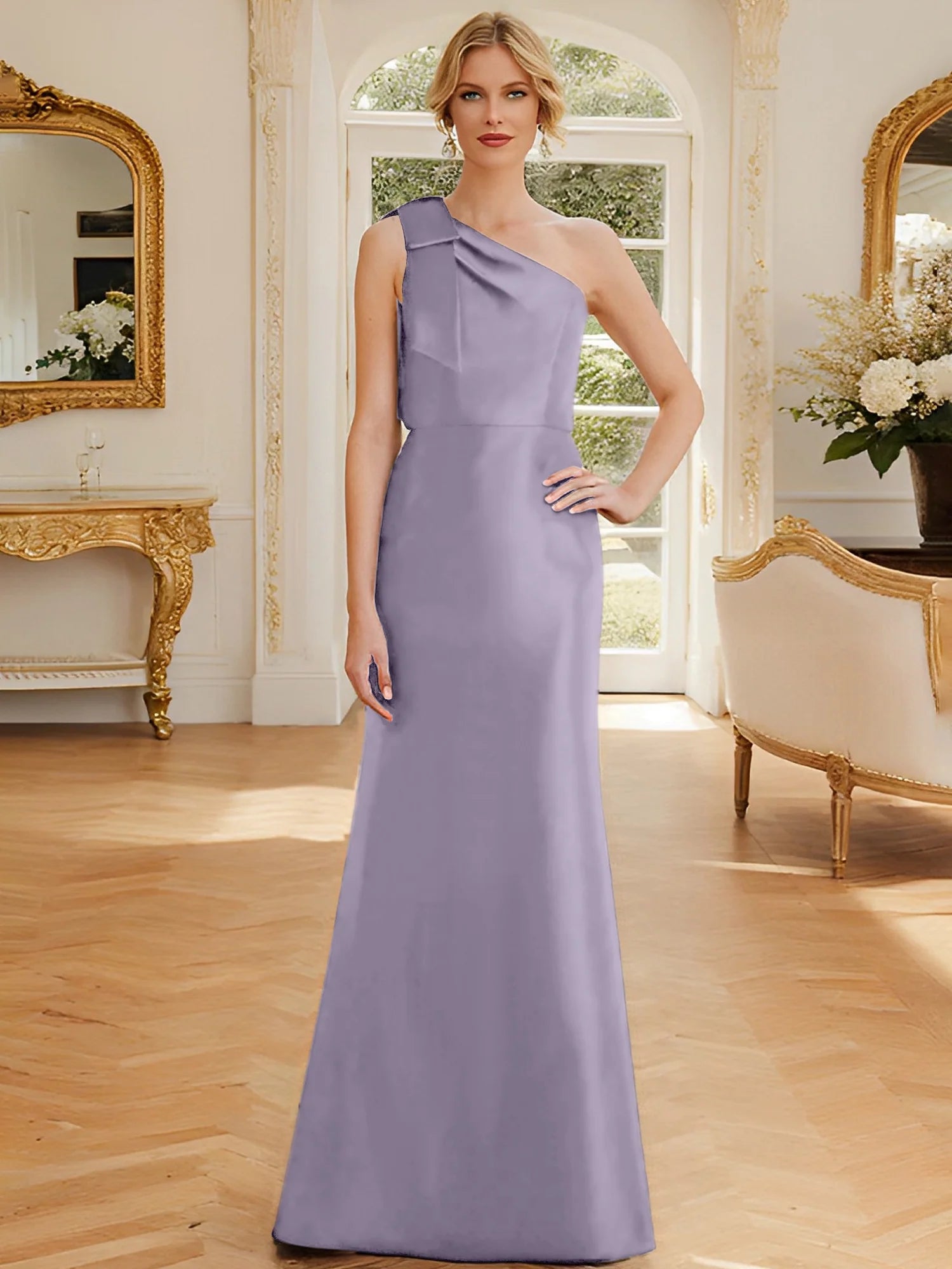 Tight fit/straight leg one shoulder sleeveless satin bow mother of the bride dress