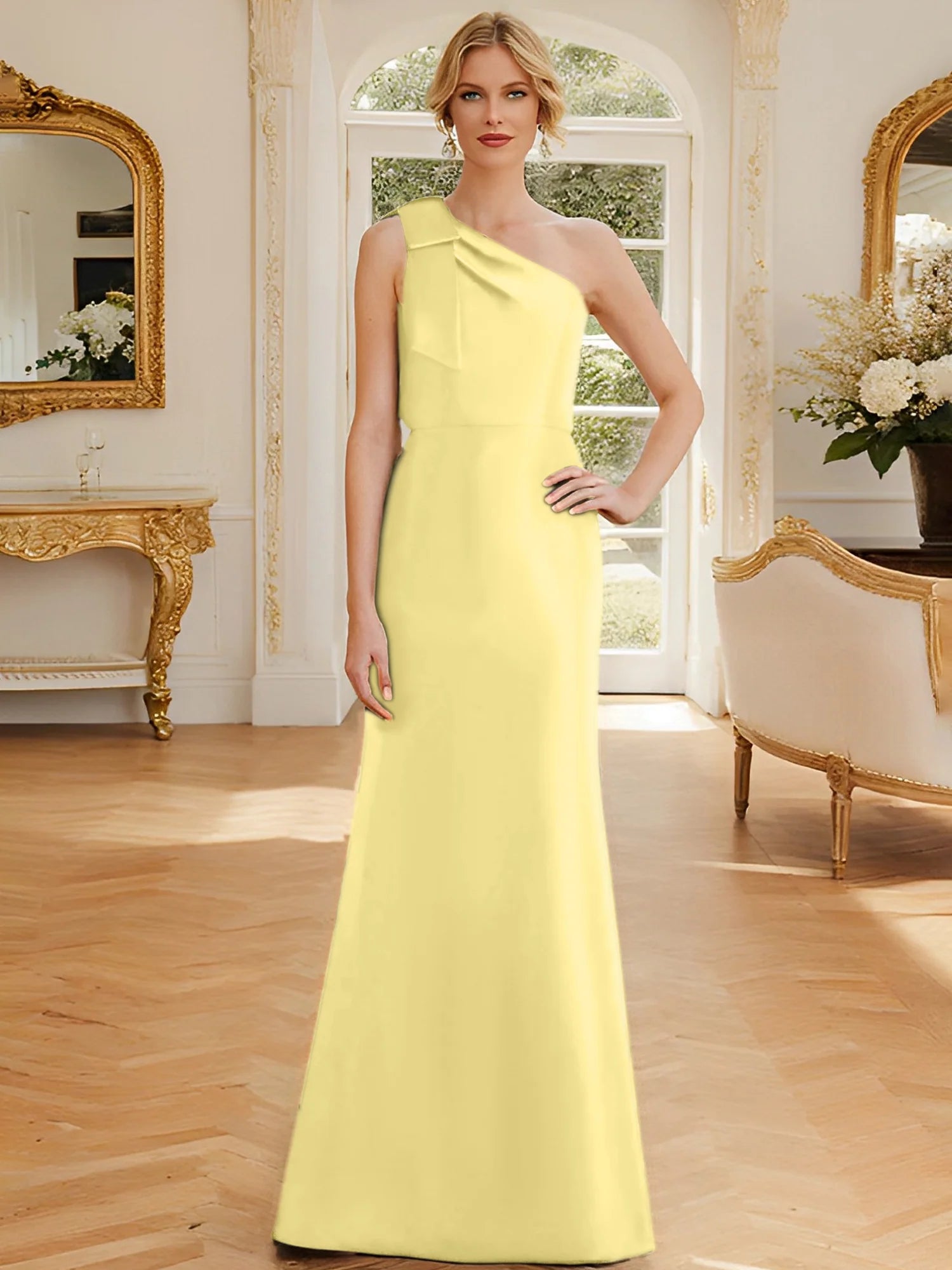 Rust Satin A-Line Floor-Length One Shoulder Dress with Draped Bodice