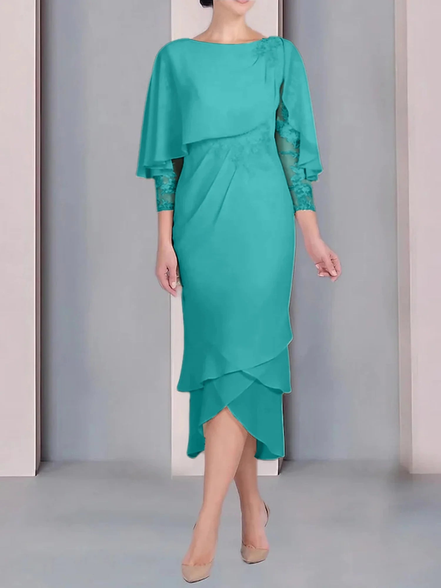 Vestido para madre de la novia de manga corta, largo hasta la rodilla, con apliques de encaje y corte cilíndrico tipo cuchara