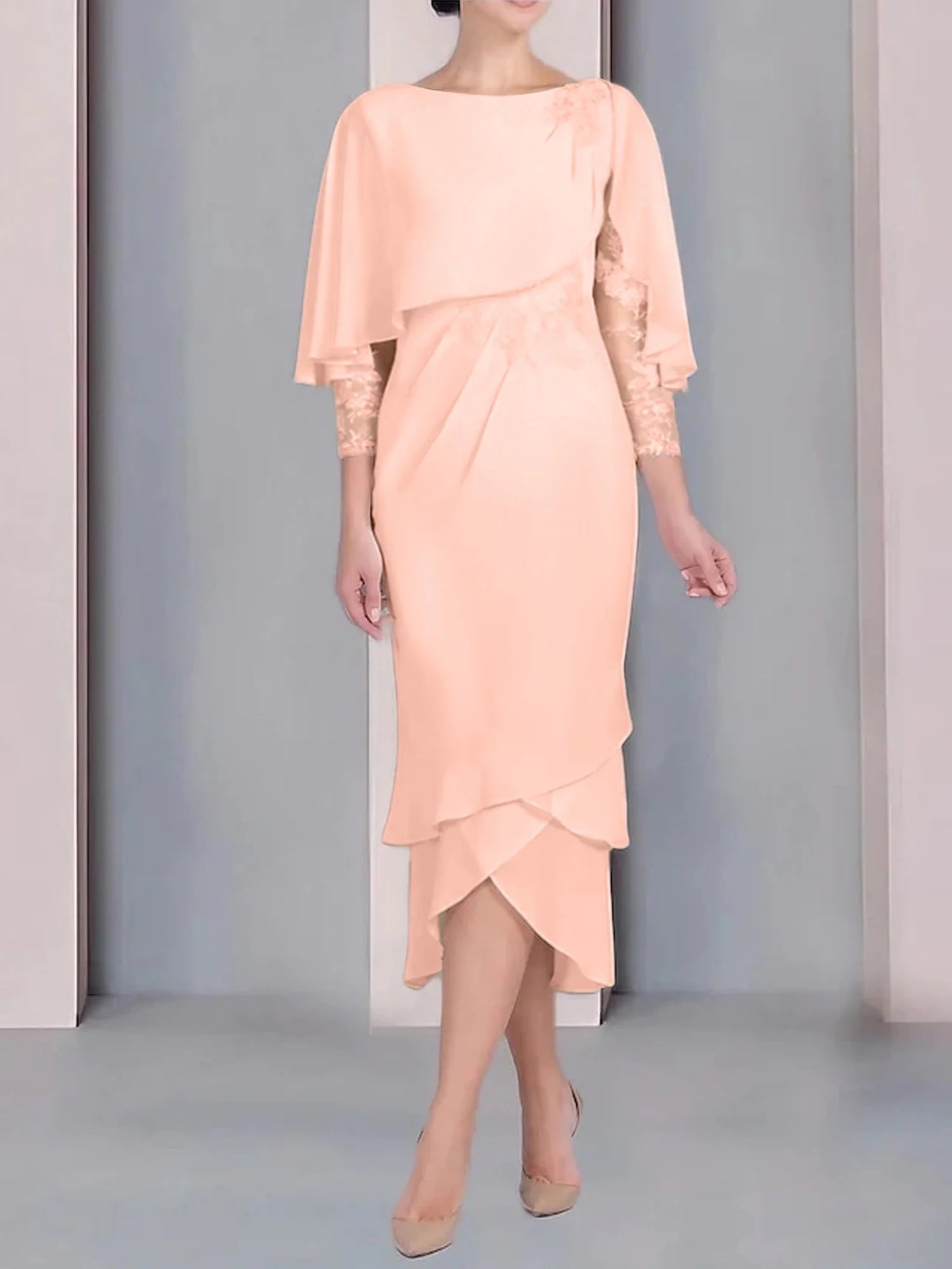 Vestido para madre de la novia de manga corta, largo hasta la rodilla, con apliques de encaje y corte cilíndrico tipo cuchara