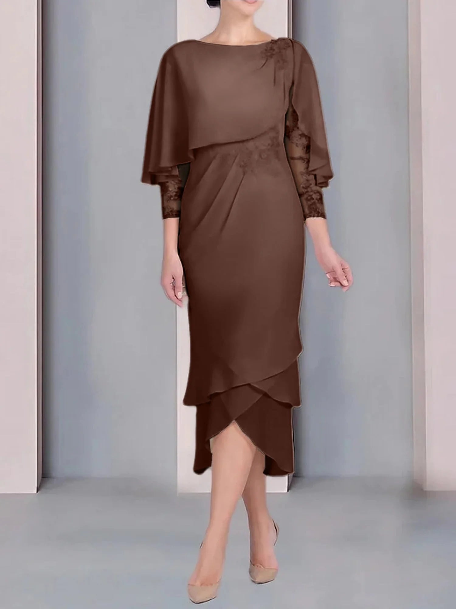 Vestido para madre de la novia de manga corta, largo hasta la rodilla, con apliques de encaje y corte cilíndrico tipo cuchara