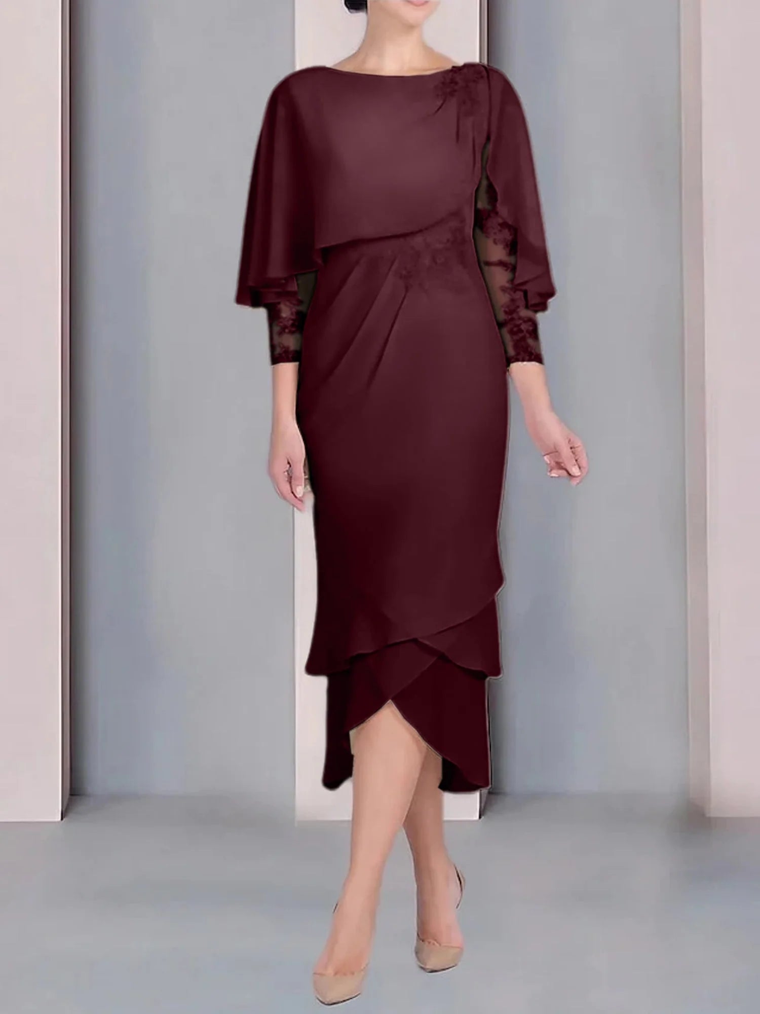 Vestido para madre de la novia de manga corta, largo hasta la rodilla, con apliques de encaje y corte cilíndrico tipo cuchara