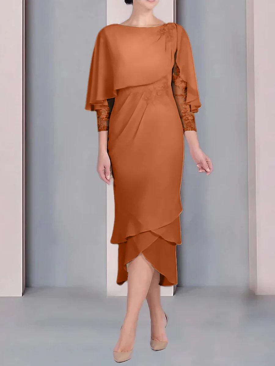 Vestido para madre de la novia de manga corta, largo hasta la rodilla, con apliques de encaje y corte cilíndrico tipo cuchara