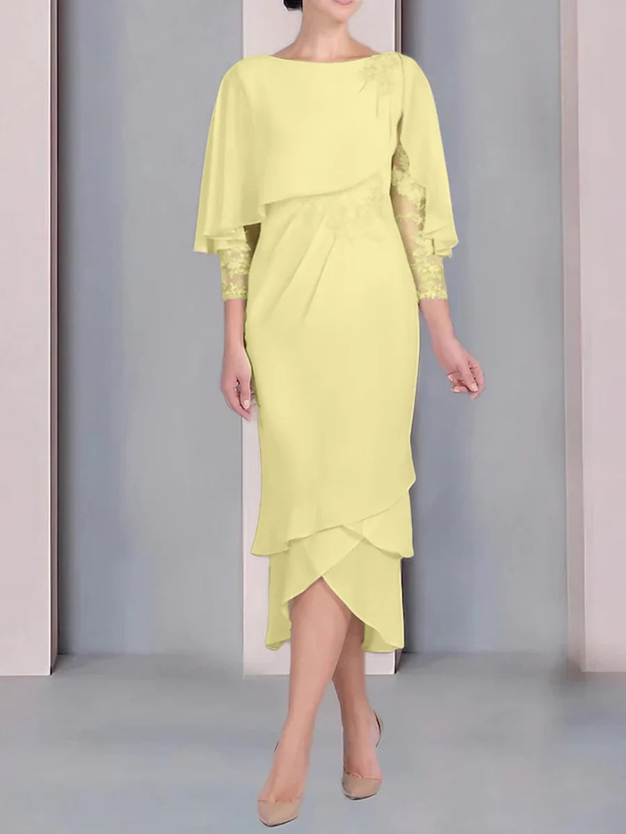 Vestido para madre de la novia de manga corta, largo hasta la rodilla, con apliques de encaje y corte cilíndrico tipo cuchara