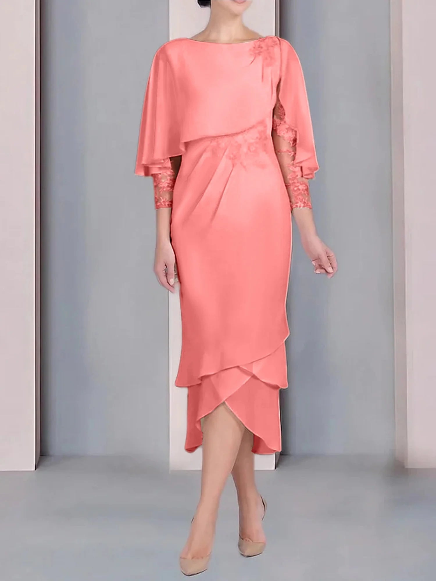 Vestido para madre de la novia de manga corta, largo hasta la rodilla, con apliques de encaje y corte cilíndrico tipo cuchara