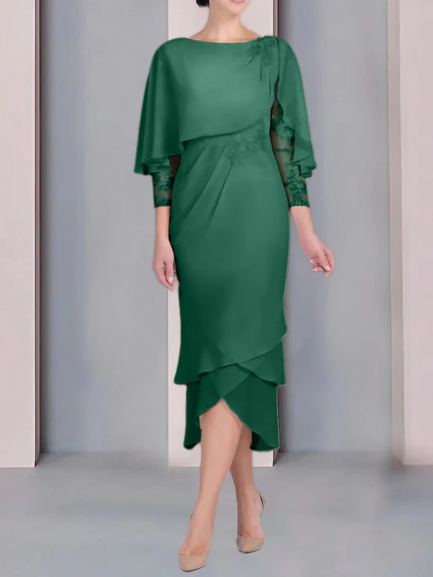 Vestido para madre de la novia de manga corta, largo hasta la rodilla, con apliques de encaje y corte cilíndrico tipo cuchara