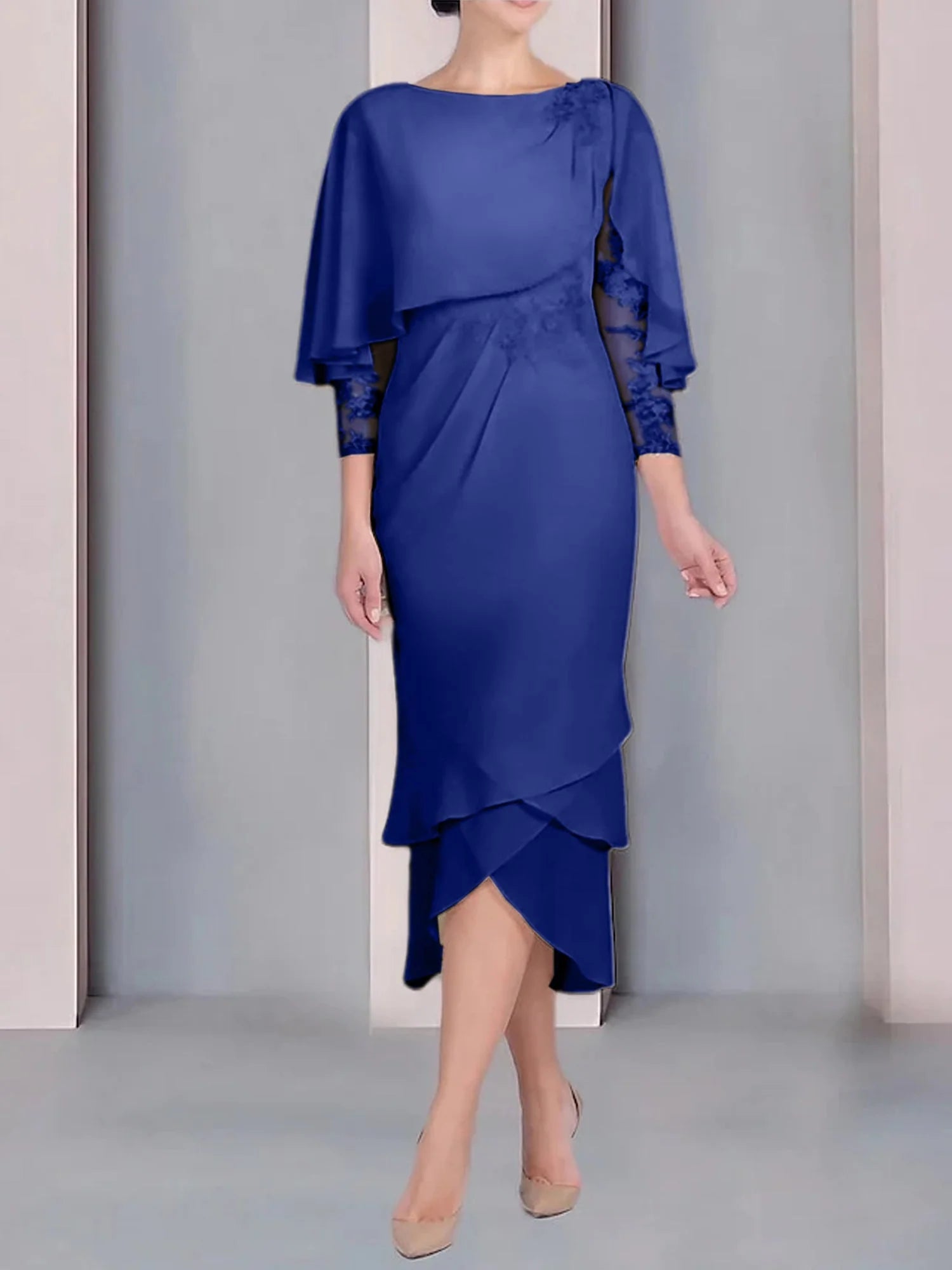 Vestido para madre de la novia de manga corta, largo hasta la rodilla, con apliques de encaje y corte cilíndrico tipo cuchara