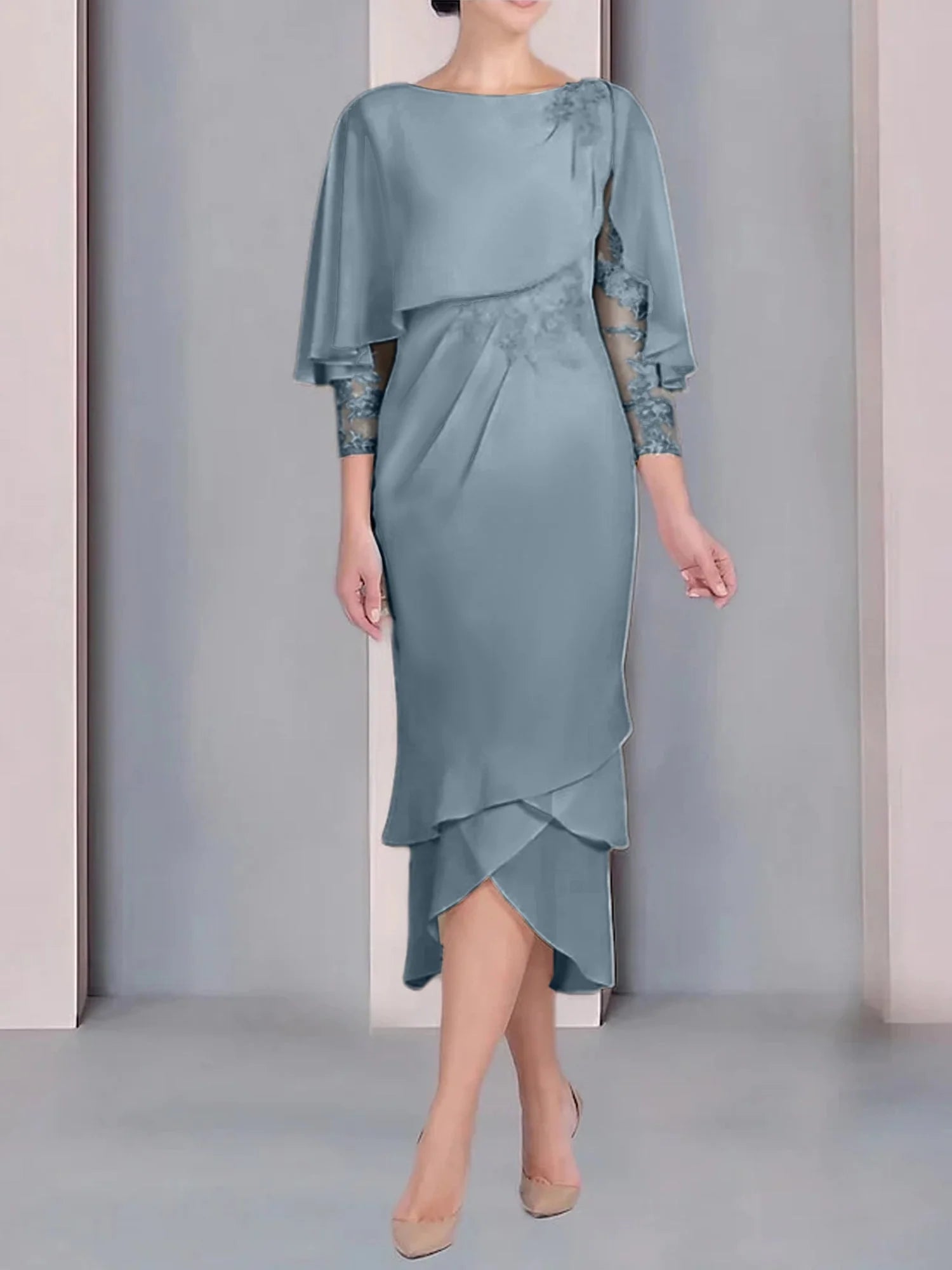 Vestido para madre de la novia de manga corta, largo hasta la rodilla, con apliques de encaje y corte cilíndrico tipo cuchara