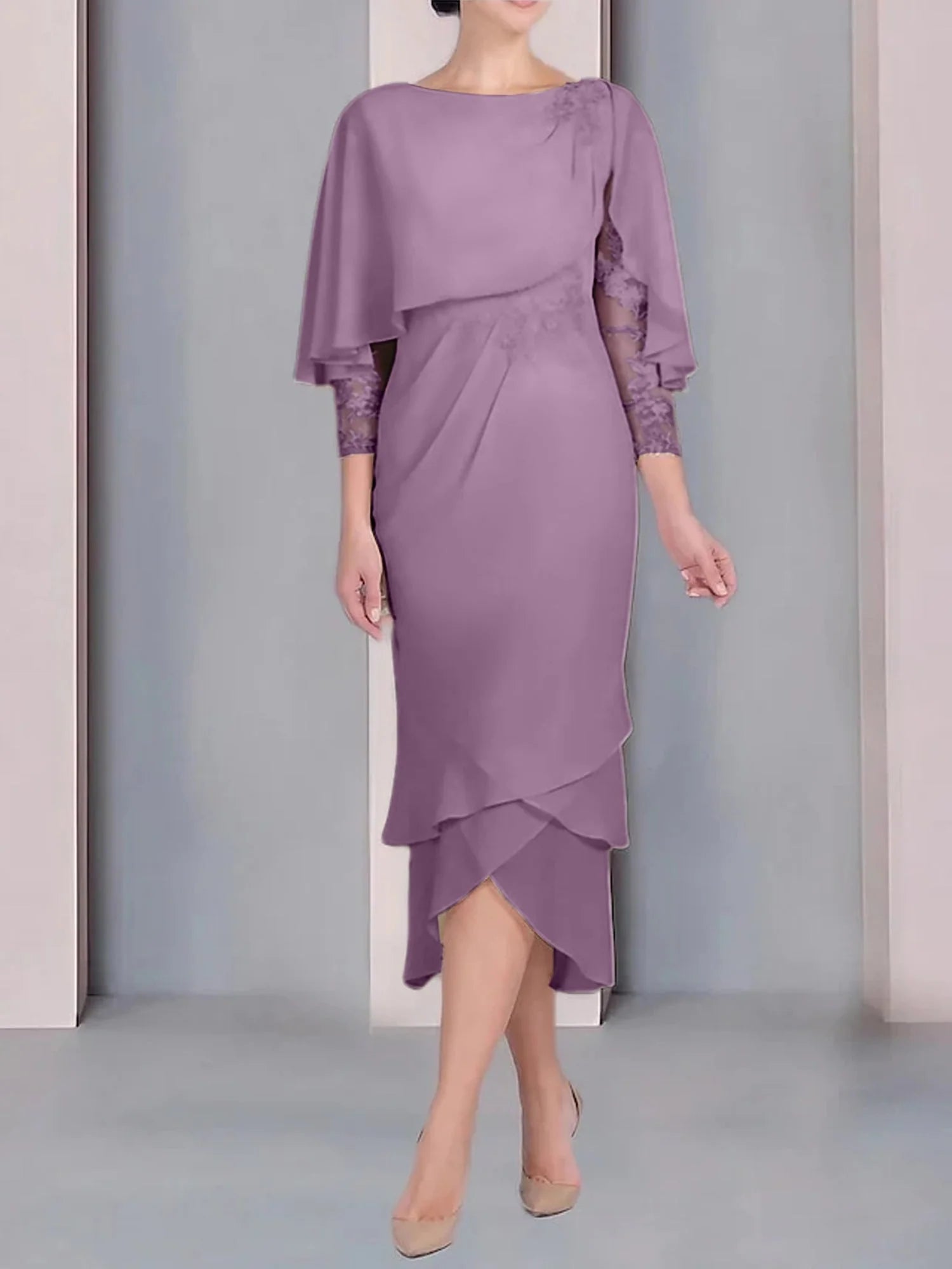 Vestido para madre de la novia de manga corta, largo hasta la rodilla, con apliques de encaje y corte cilíndrico tipo cuchara