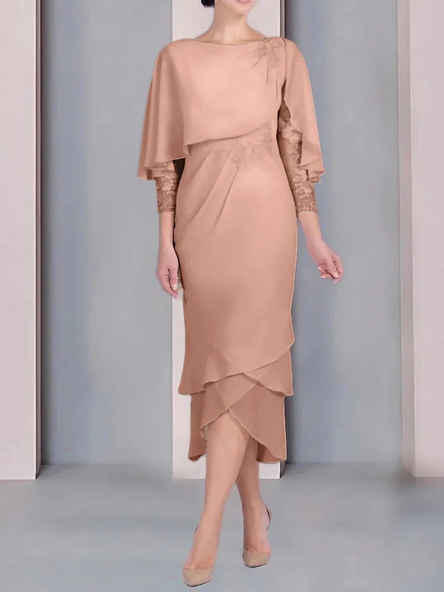 Vestido para madre de la novia de manga corta, largo hasta la rodilla, con apliques de encaje y corte cilíndrico tipo cuchara