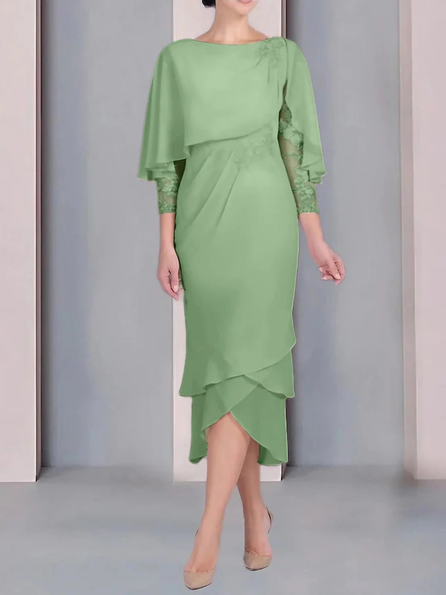 Vestido para madre de la novia de manga corta, largo hasta la rodilla, con apliques de encaje y corte cilíndrico tipo cuchara