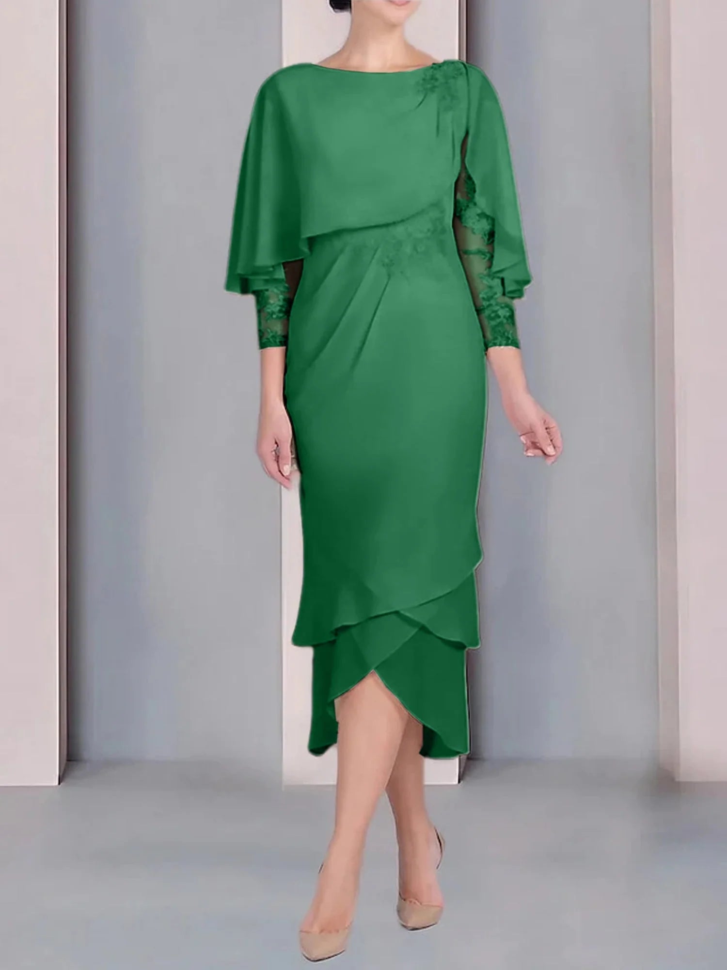 Vestido para madre de la novia de manga corta, largo hasta la rodilla, con apliques de encaje y corte cilíndrico tipo cuchara