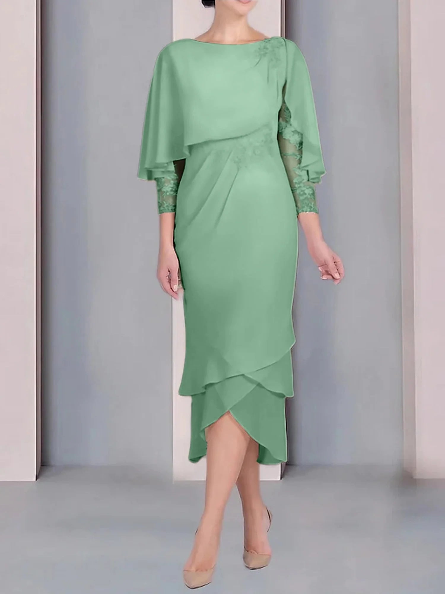 Vestido para madre de la novia de manga corta, largo hasta la rodilla, con apliques de encaje y corte cilíndrico tipo cuchara