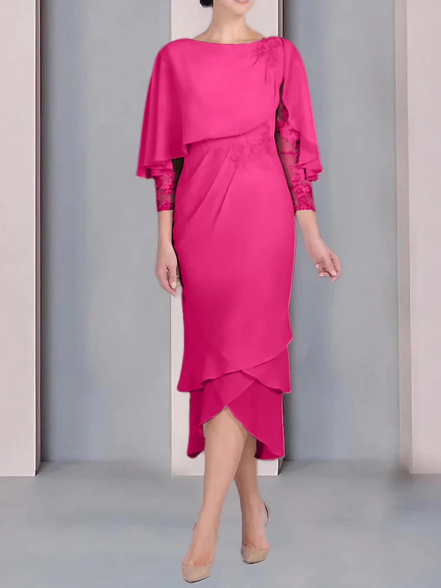 Vestido para madre de la novia de manga corta, largo hasta la rodilla, con apliques de encaje y corte cilíndrico tipo cuchara