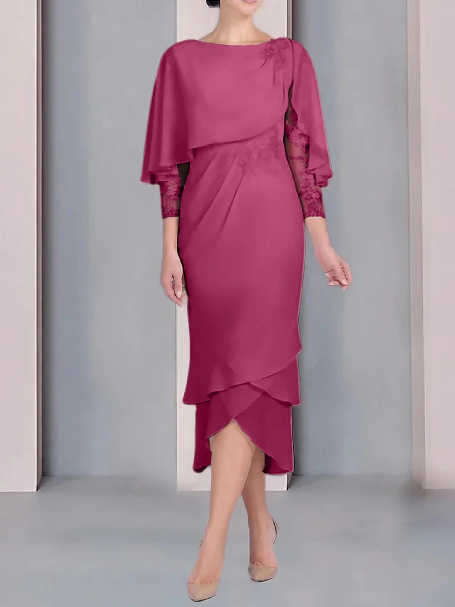 Vestido para madre de la novia de manga corta, largo hasta la rodilla, con apliques de encaje y corte cilíndrico tipo cuchara