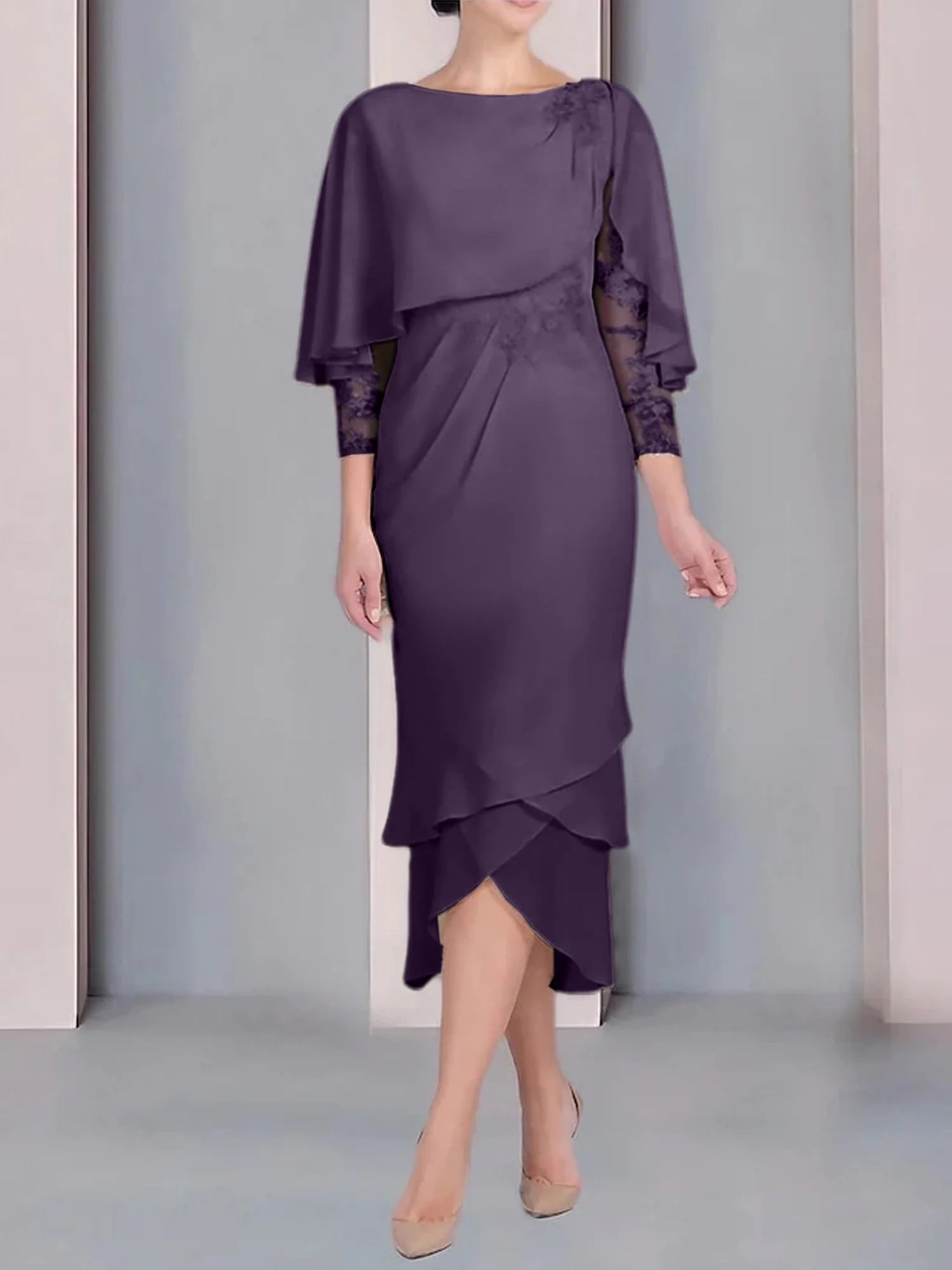 Vestido para madre de la novia de manga corta, largo hasta la rodilla, con apliques de encaje y corte cilíndrico tipo cuchara