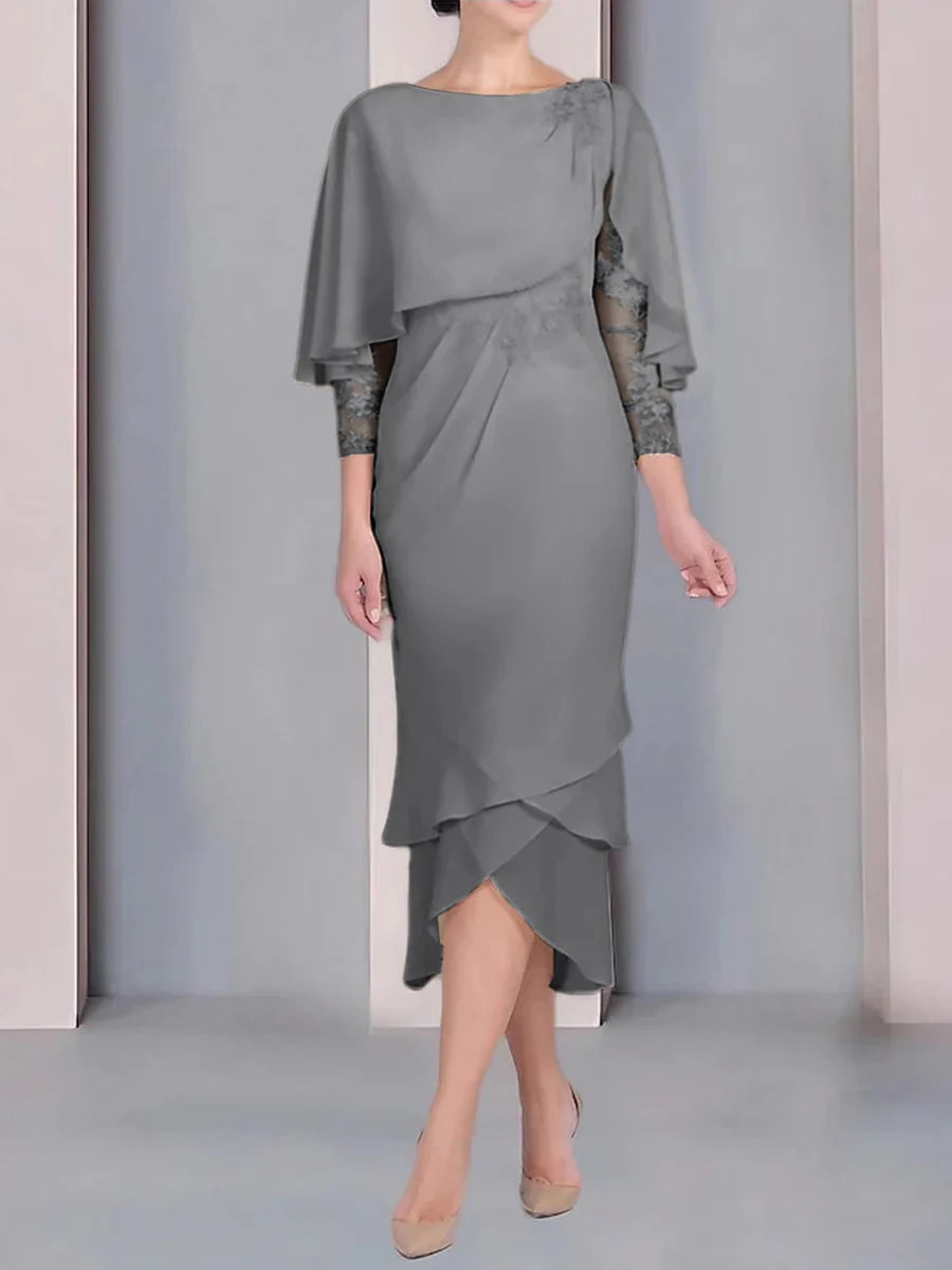 Vestido para madre de la novia de manga corta, largo hasta la rodilla, con apliques de encaje y corte cilíndrico tipo cuchara