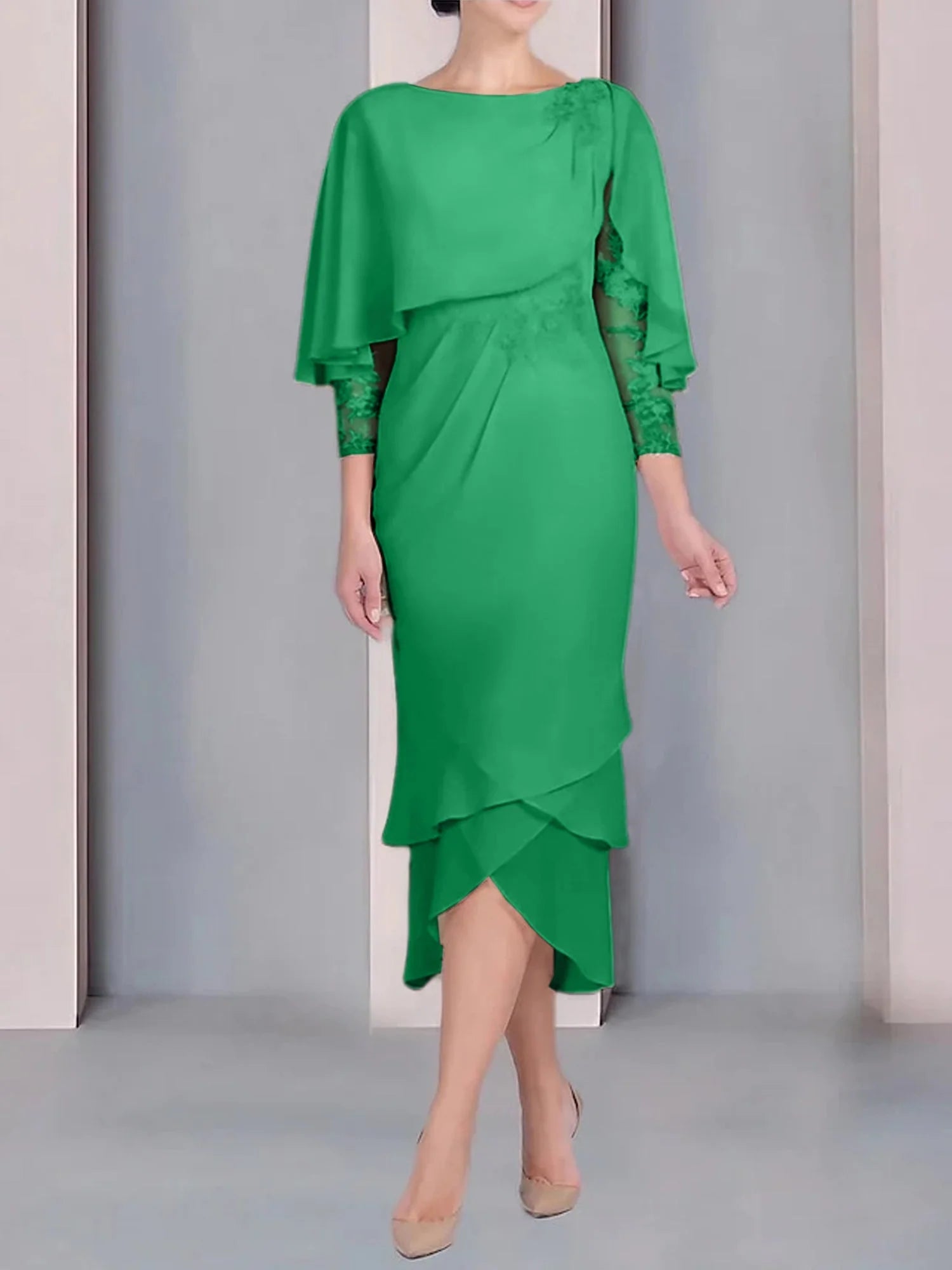 Vestido para madre de la novia de manga corta, largo hasta la rodilla, con apliques de encaje y corte cilíndrico tipo cuchara