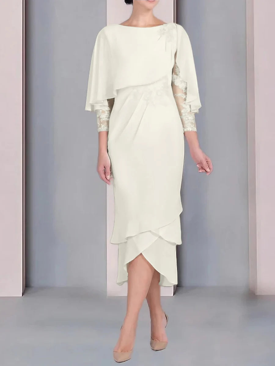 Vestido para madre de la novia de manga corta, largo hasta la rodilla, con apliques de encaje y corte cilíndrico tipo cuchara