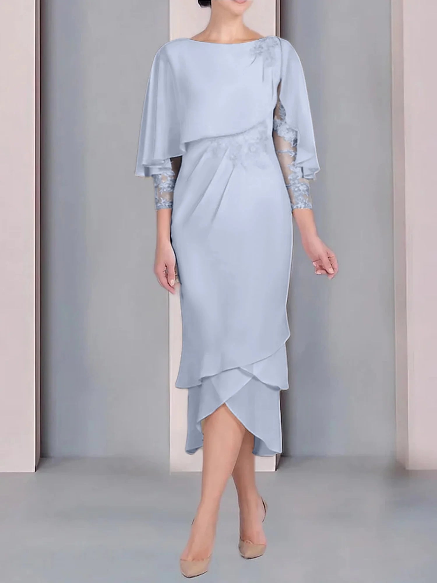 Vestido para madre de la novia de manga corta, largo hasta la rodilla, con apliques de encaje y corte cilíndrico tipo cuchara