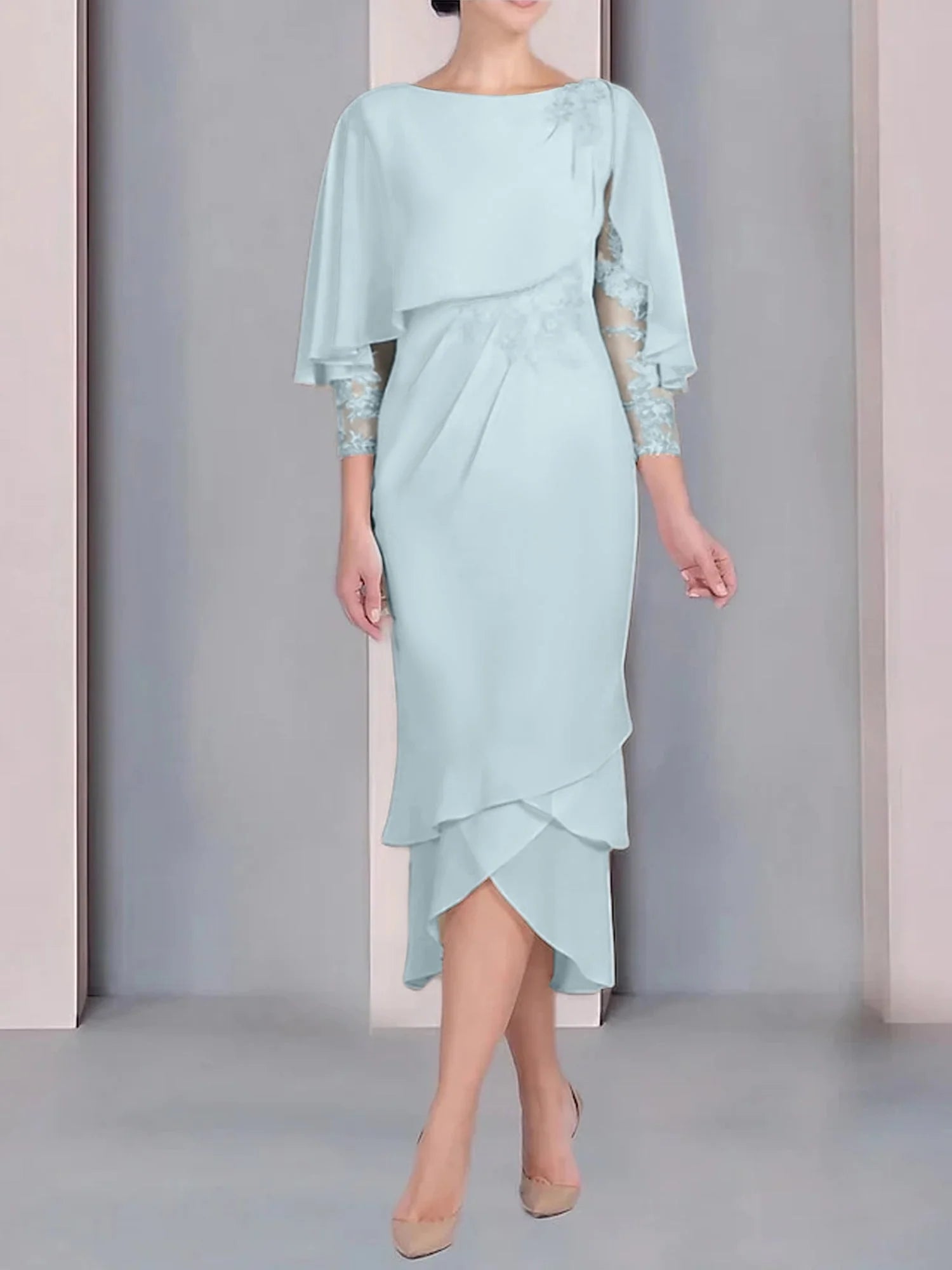 Vestido para madre de la novia de manga corta, largo hasta la rodilla, con apliques de encaje y corte cilíndrico tipo cuchara