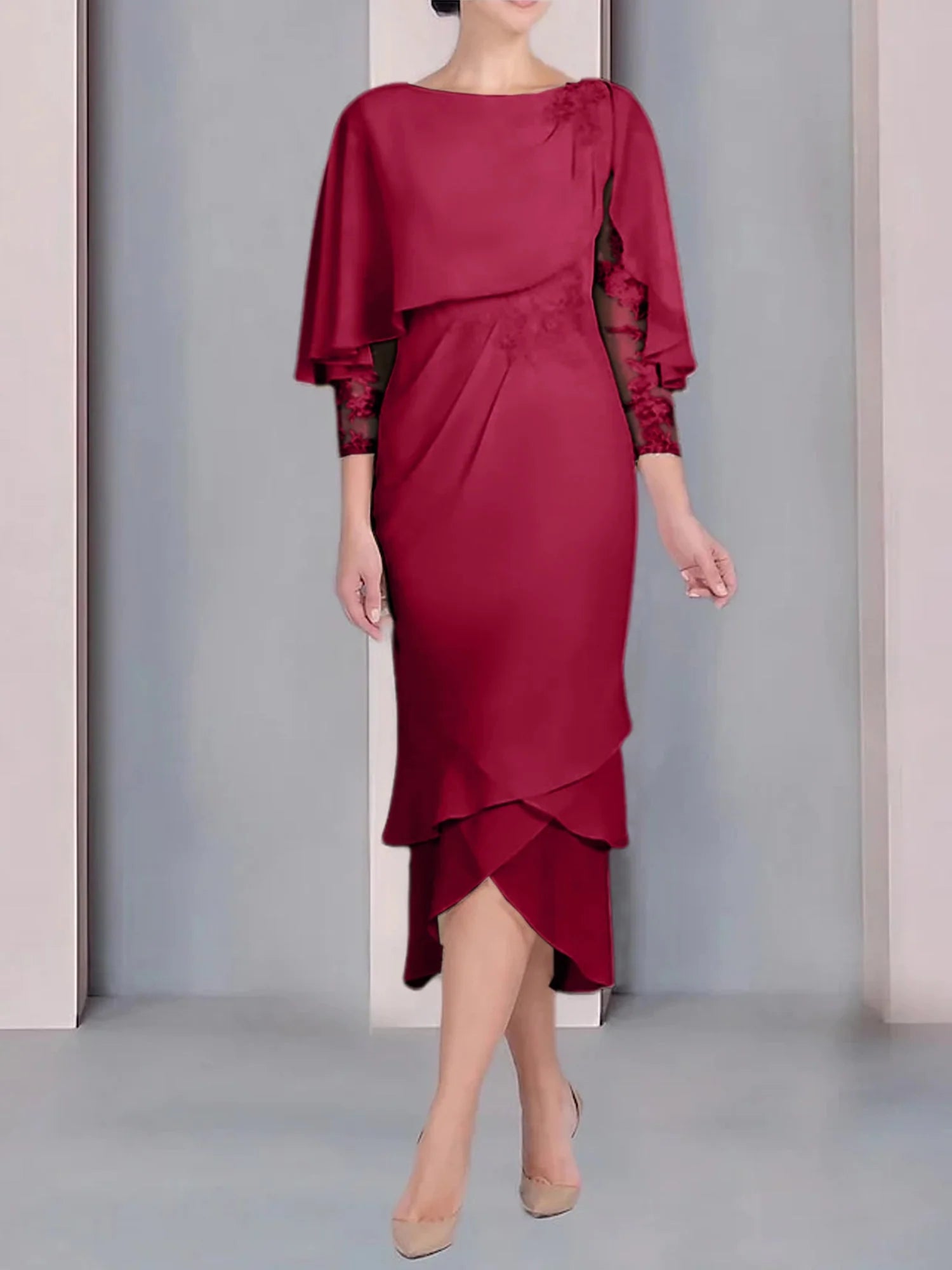 Vestido para madre de la novia de manga corta, largo hasta la rodilla, con apliques de encaje y corte cilíndrico tipo cuchara