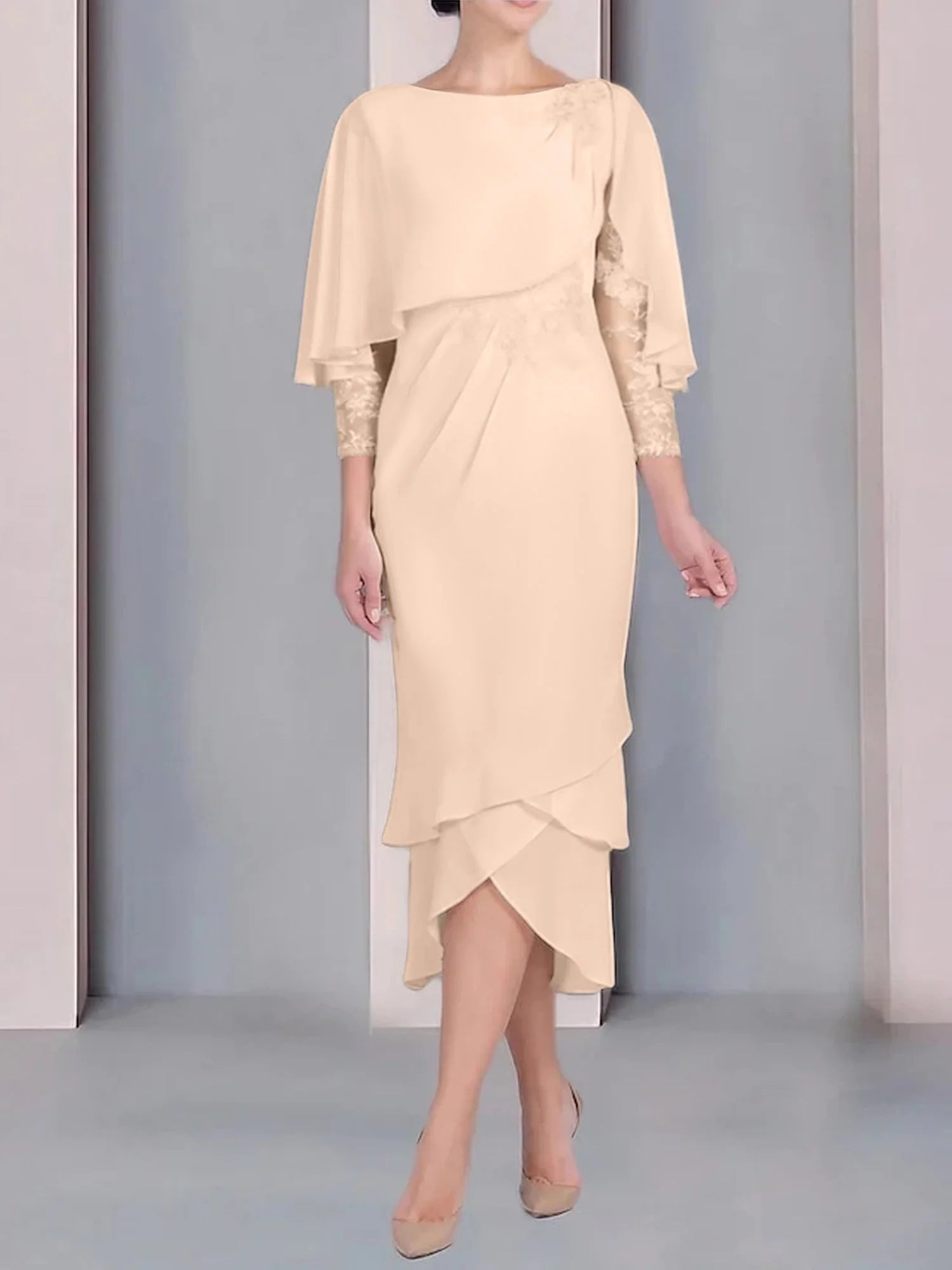 Vestido para madre de la novia de manga corta, largo hasta la rodilla, con apliques de encaje y corte cilíndrico tipo cuchara