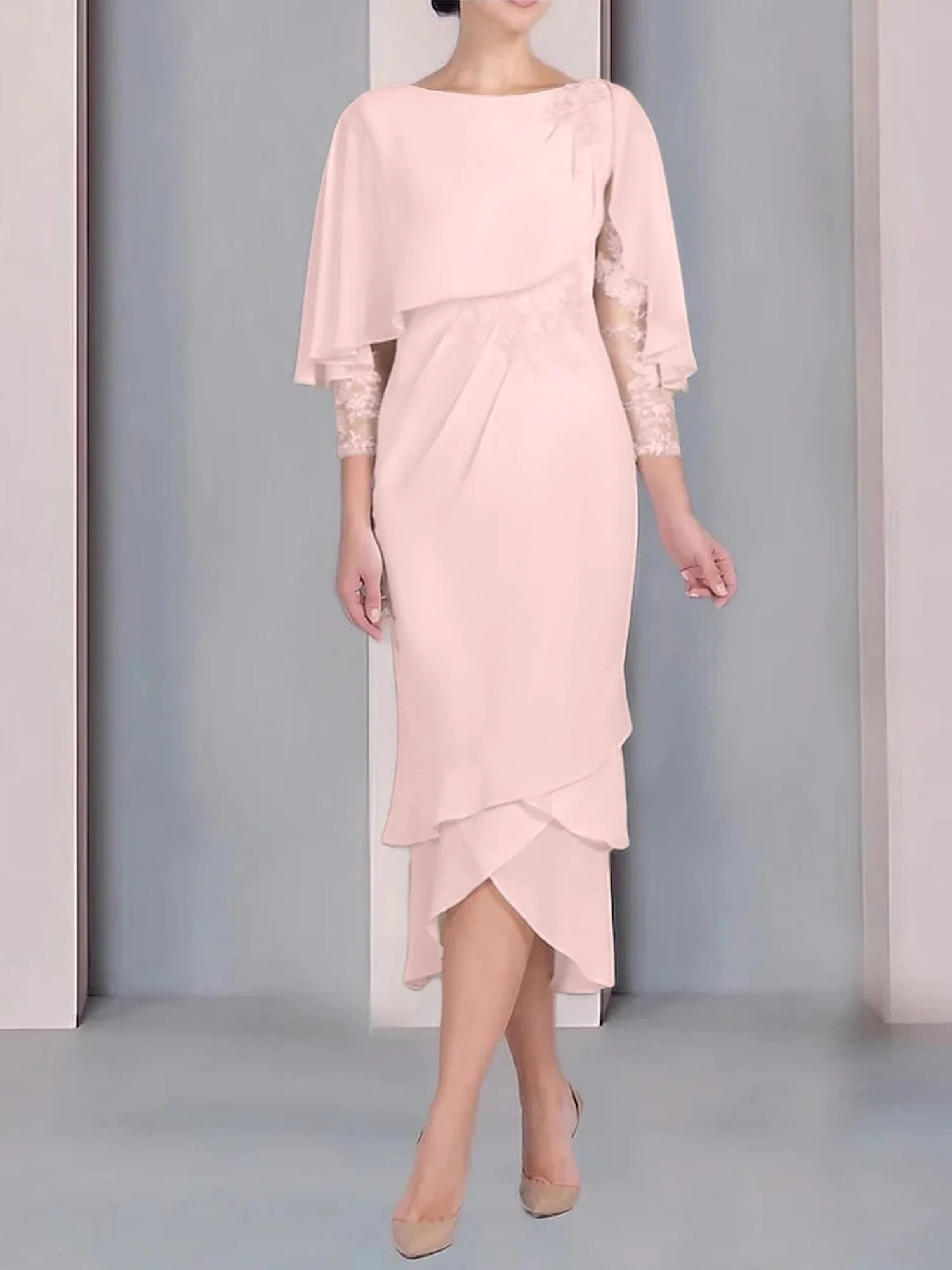 Vestido para madre de la novia de manga corta, largo hasta la rodilla, con apliques de encaje y corte cilíndrico tipo cuchara